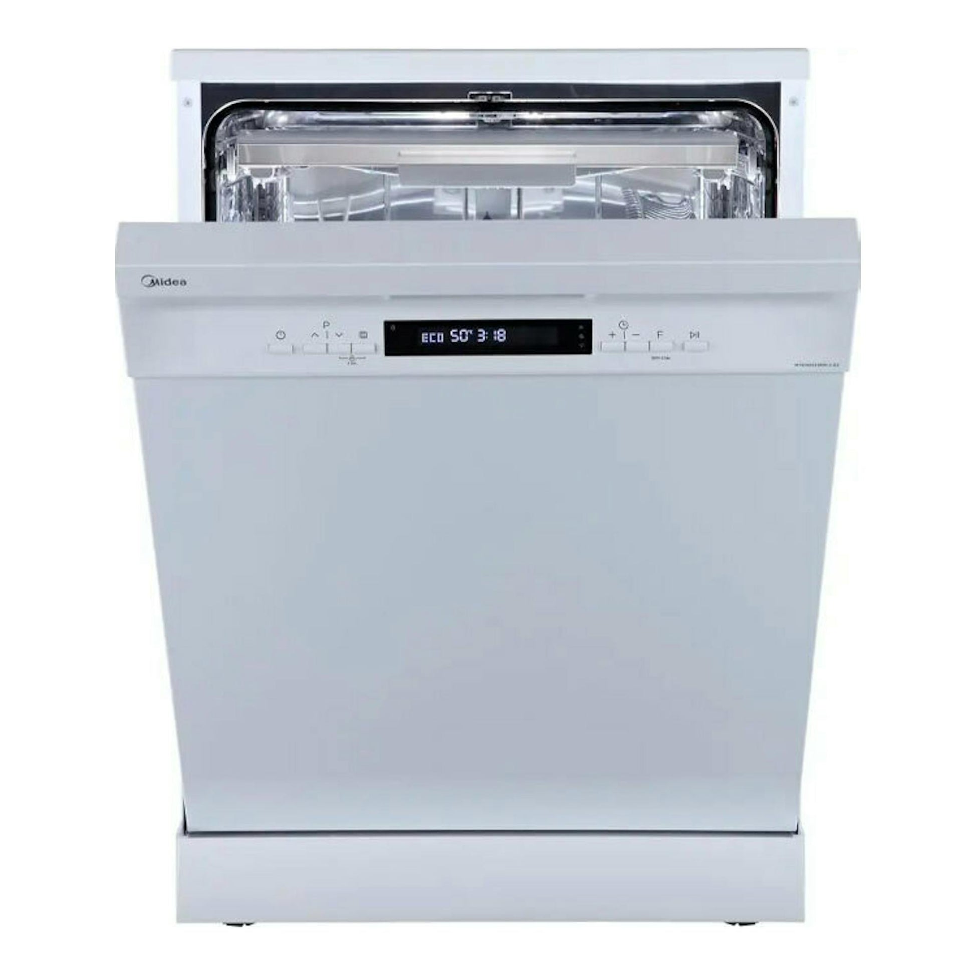 Lavavajillas Midea MFD60S300W.2-ES blanco, vista frontal con puerta abierta y panel digital.