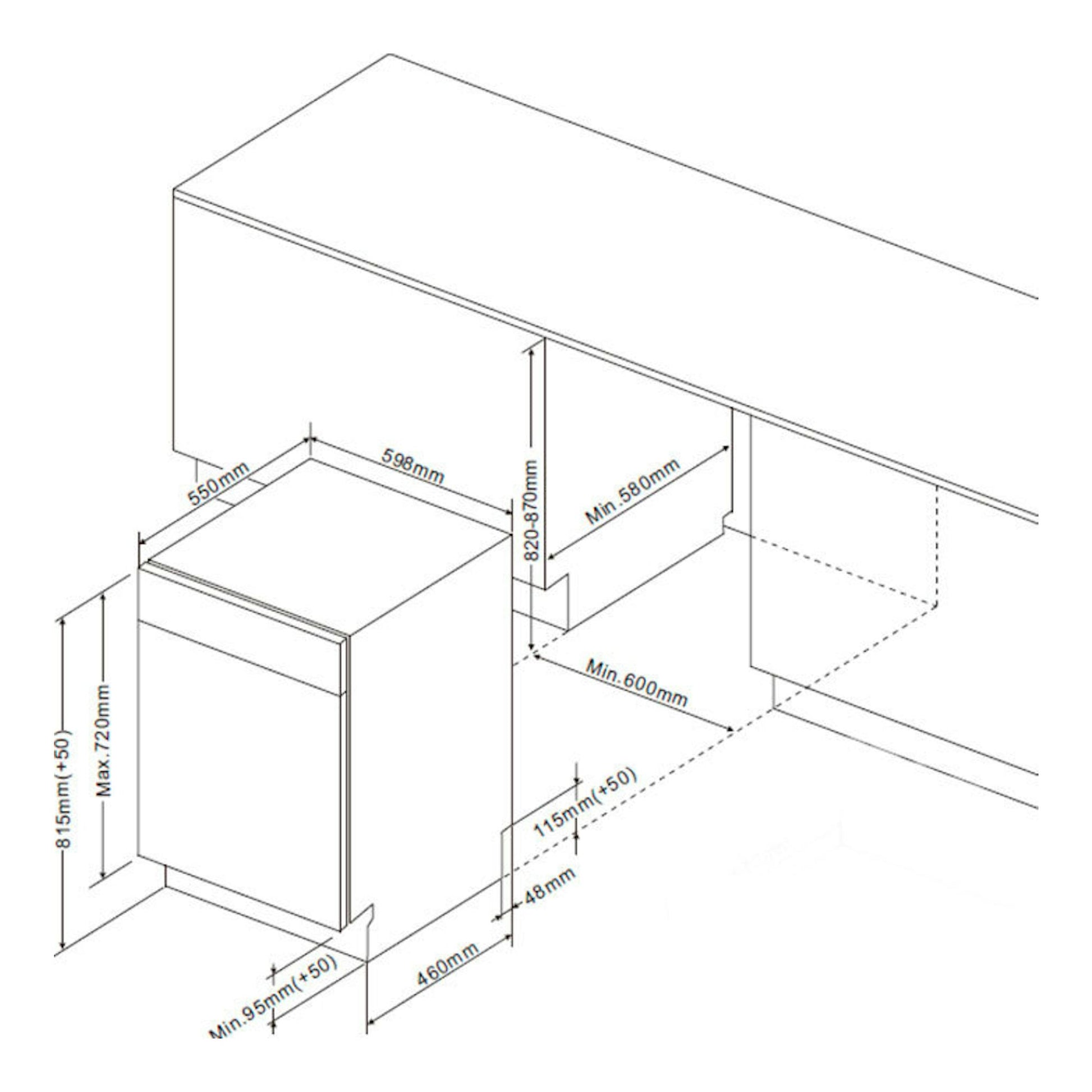 Diagrama técnico del lavavajillas Midea MID60S1102 de 60 cm, vista isométrica con medidas de instalación.