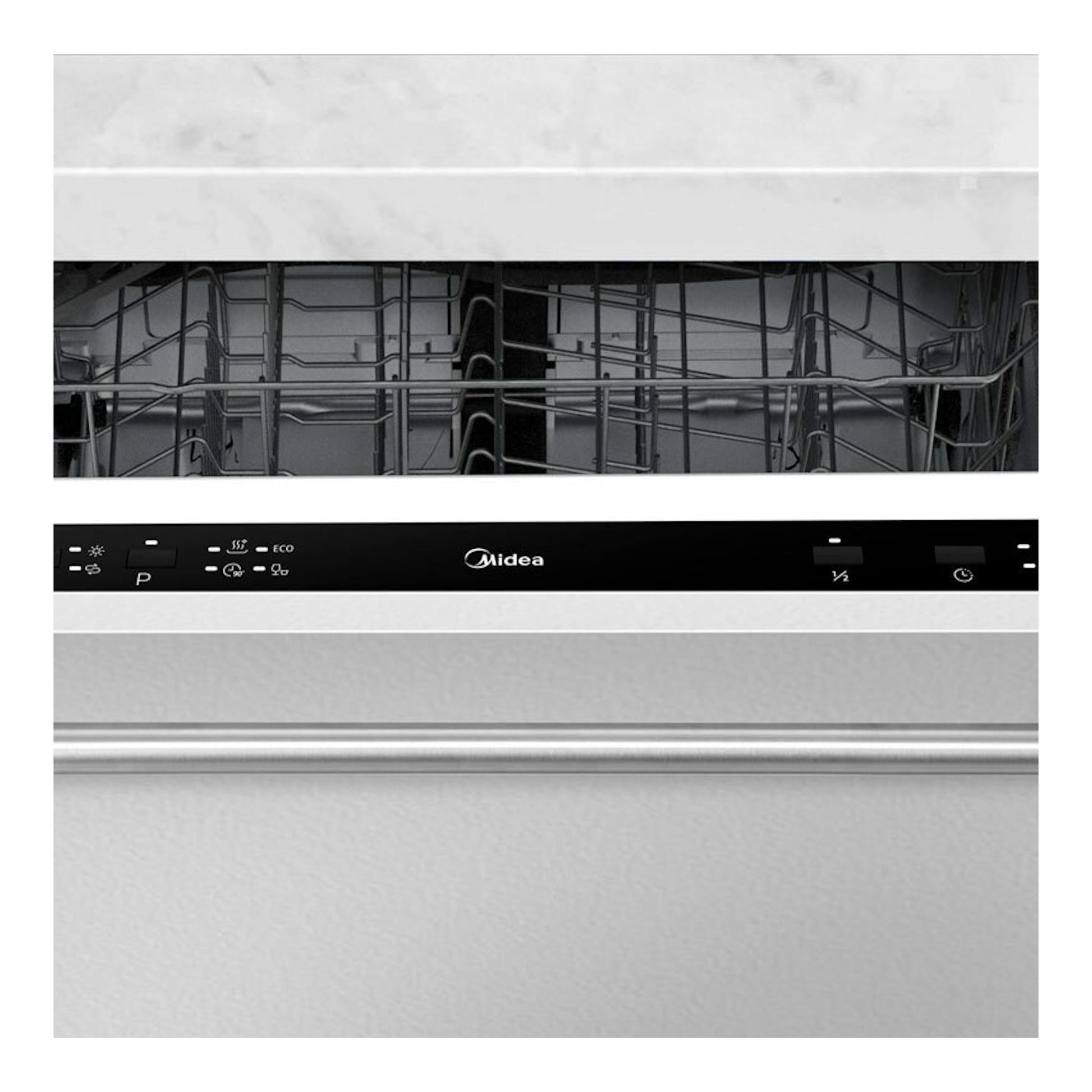 Lavavajillas Midea MID60S1102 de 60 cm, vista frontal, puerta abierta, interior gris y panel negro.