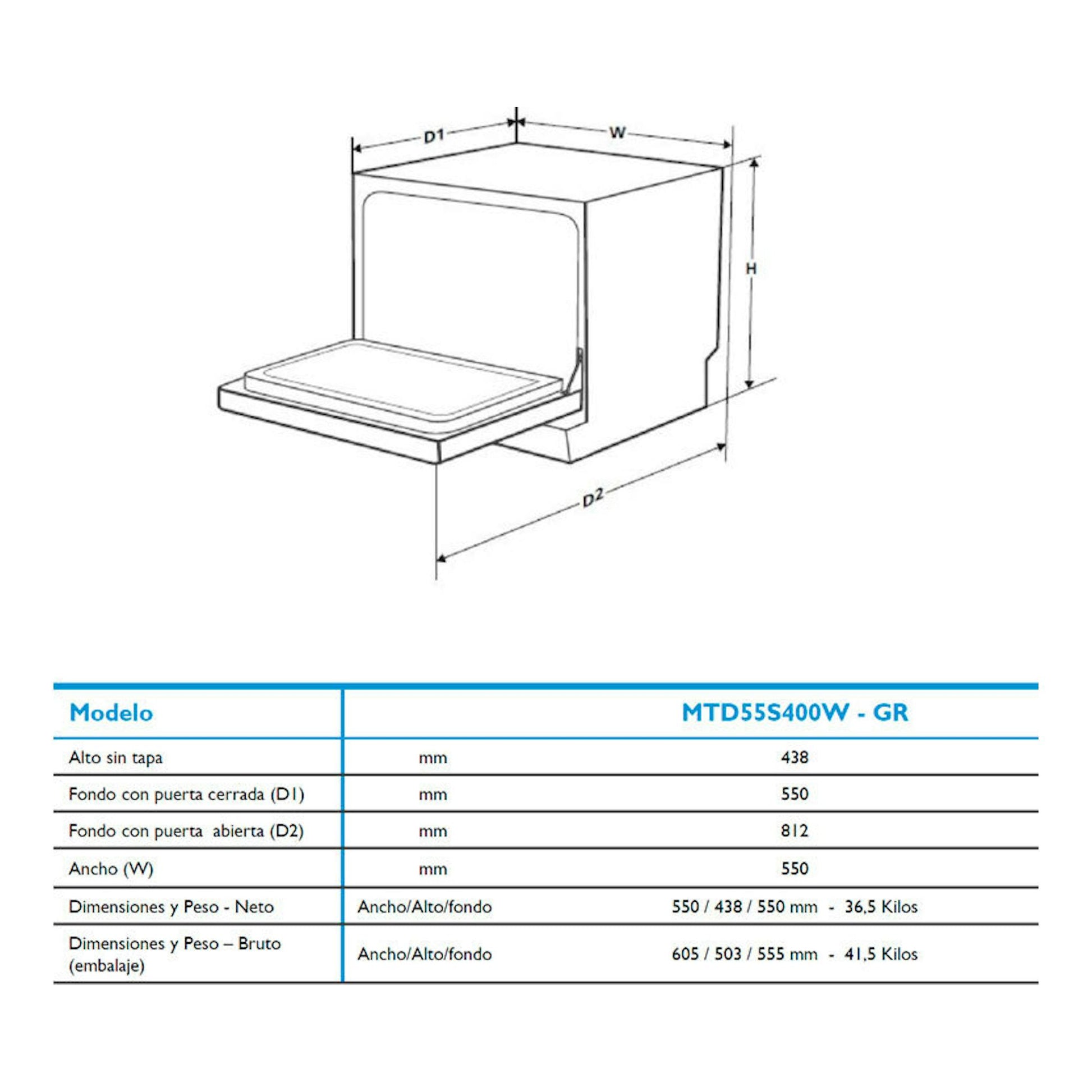 Lavavajillas Midea MTD55S400W-GR, diagrama técnico en blanco con medidas y tabla de dimensiones.