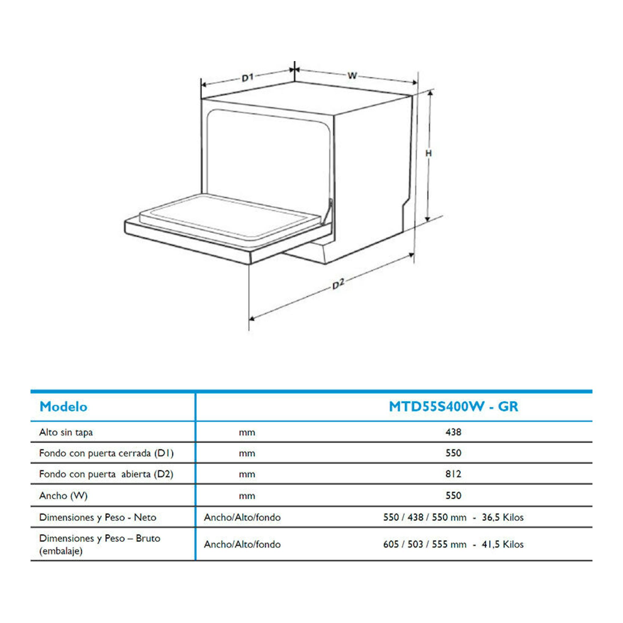 Lavavajillas Midea MTD55S400W-GR, diagrama técnico en blanco con medidas y tabla de dimensiones.