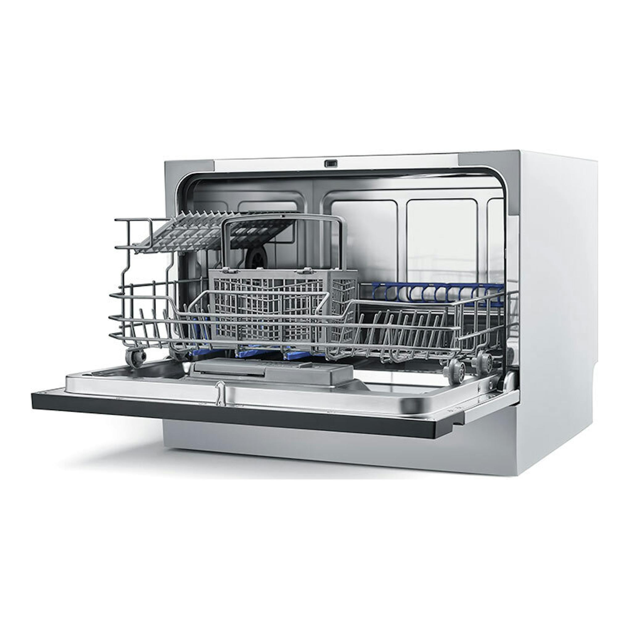 Lavavajillas Midea MTD55S400W-GR blanco, visto de frente con la puerta abierta y cestas interiores visibles.