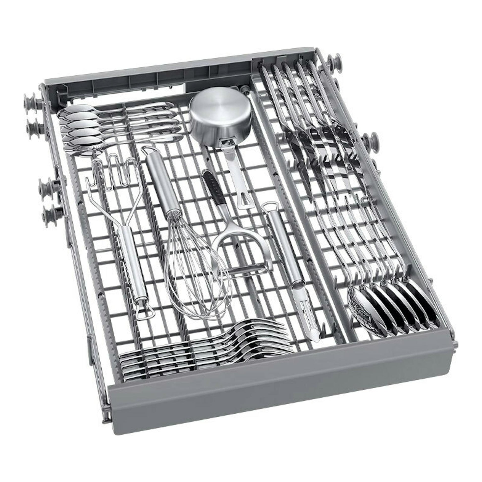 Samsung DW50DG450B00ET: cesta interior de lavavajillas con cubiertos, vista en perspectiva, gris y acero.