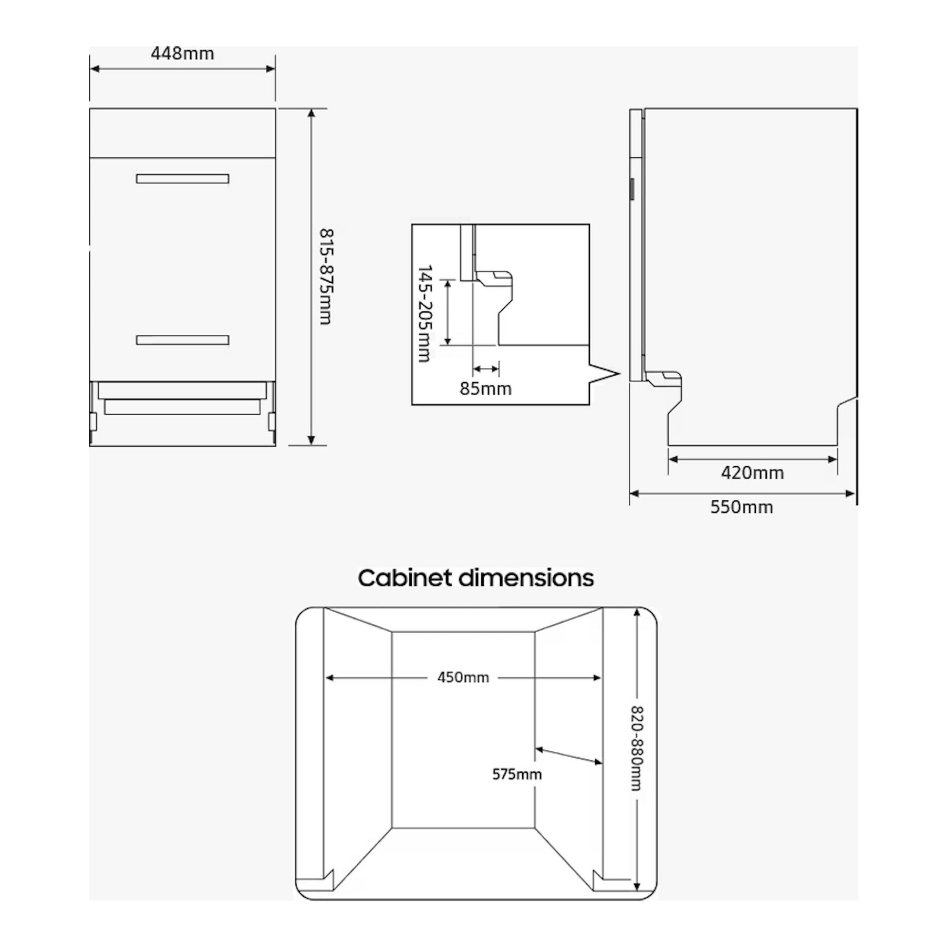 Diagrama técnico del lavavajillas Samsung DW50DG450B00ET, vistas frontal y lateral con medidas en mm y hueco de mueble.