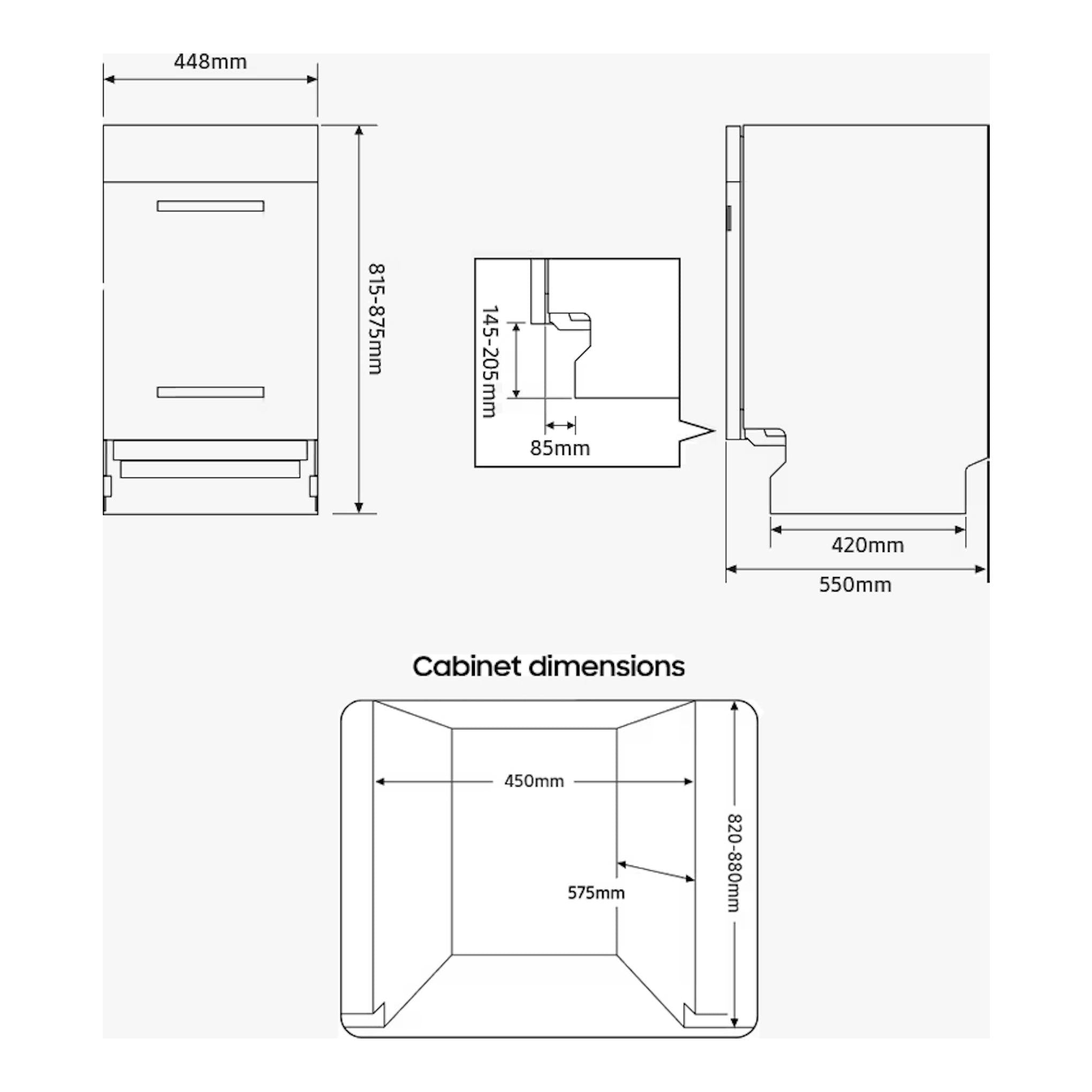 Diagrama técnico del lavavajillas Samsung DW50DG450B00ET, vistas frontal y lateral con medidas en mm y hueco de mueble.