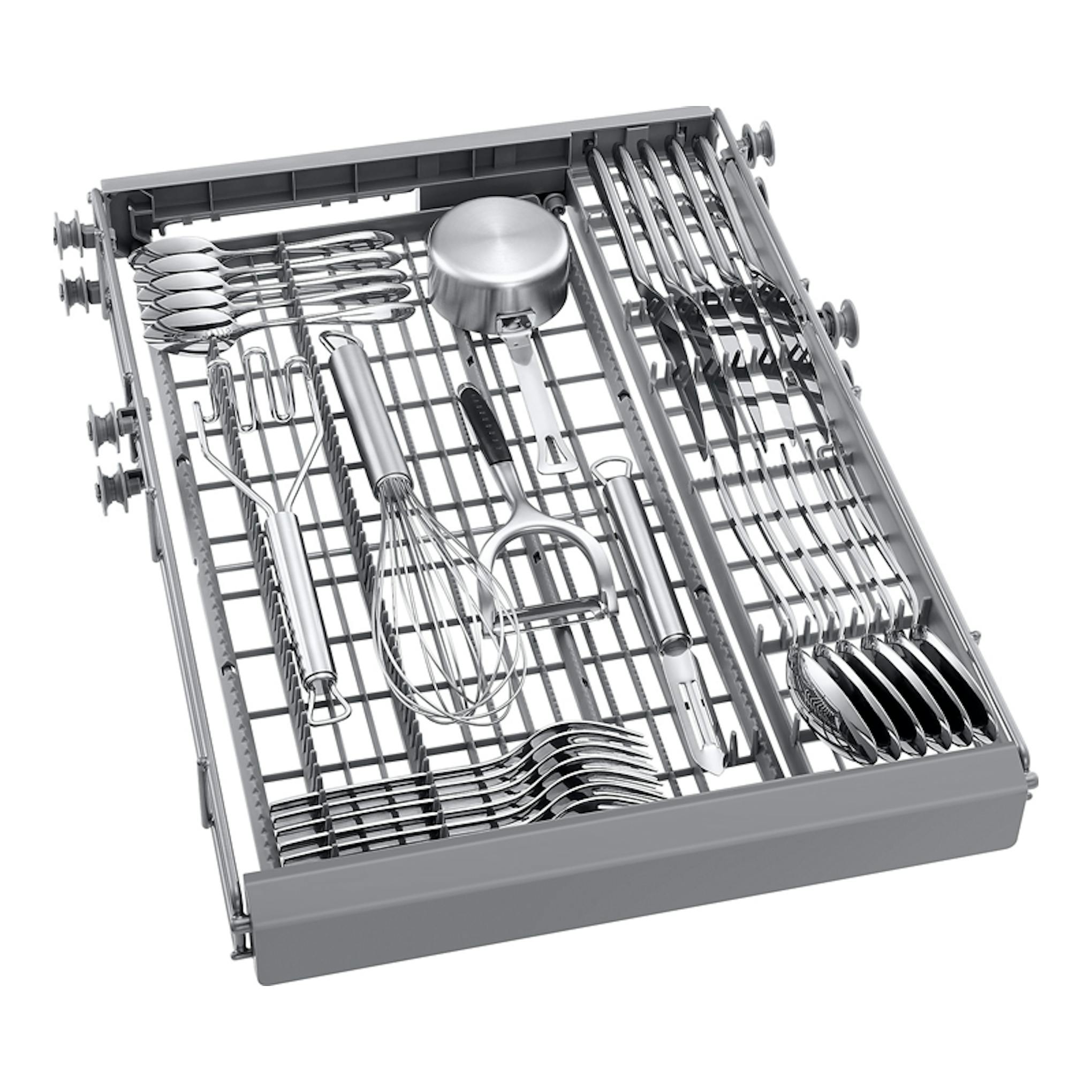 Lavavajillas Samsung DW50DG450B00ET de 45 cm, cajón extraíble para cubiertos y utensilios, vista inclinada.