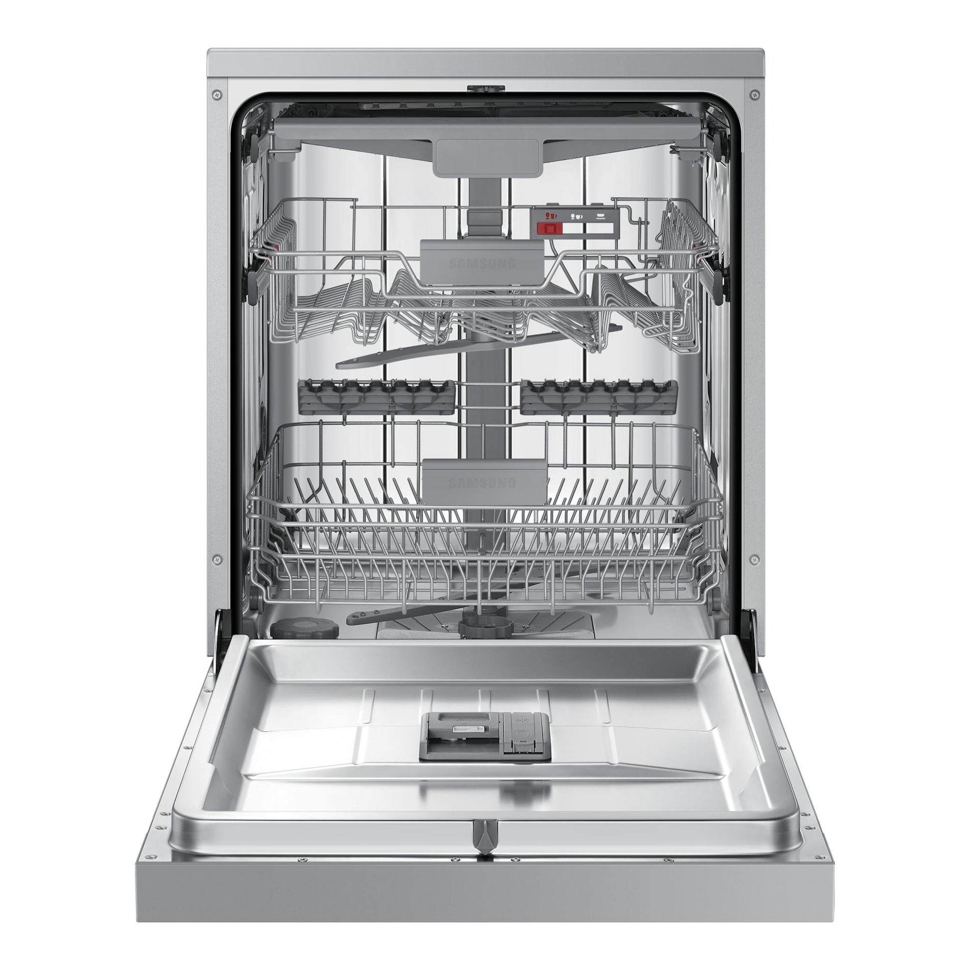 Lavavajillas Samsung DW60CG550FSRET de acero inoxidable, abierto, vista frontal.