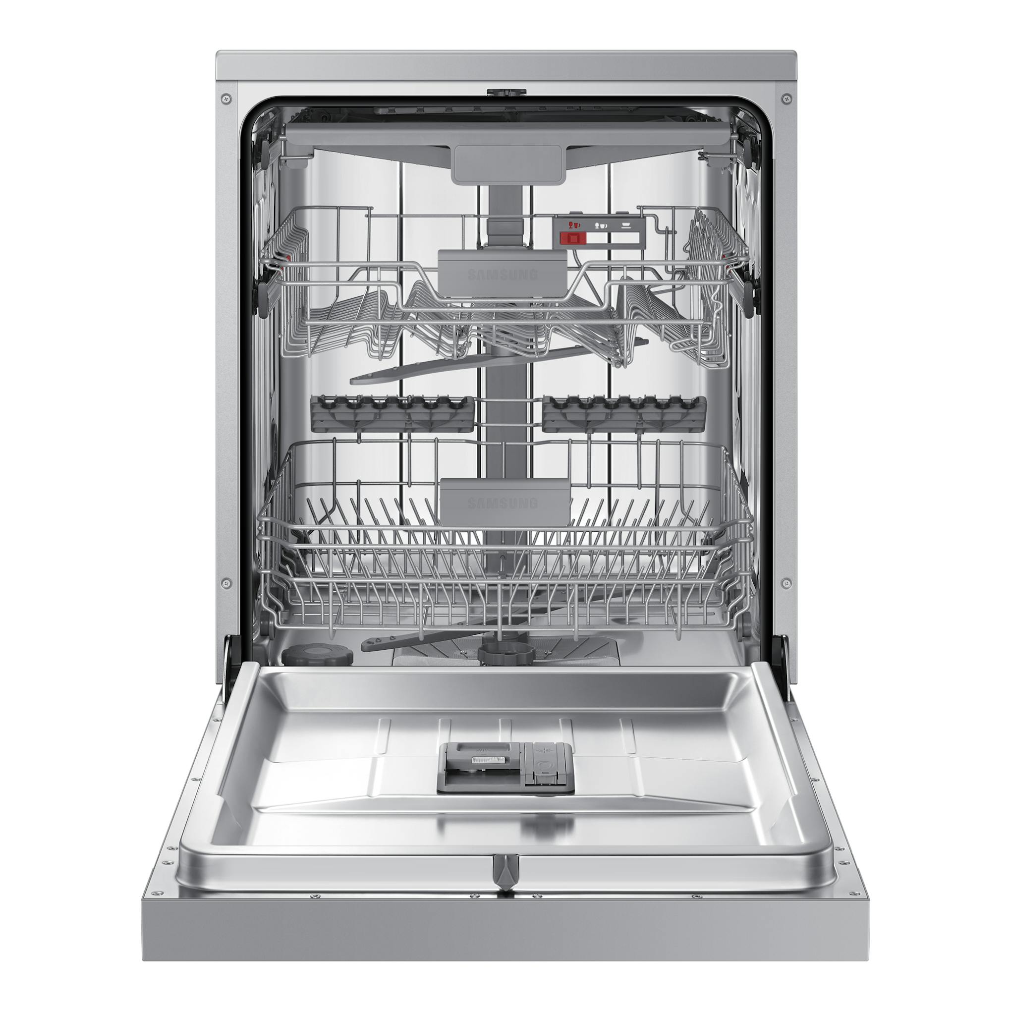 Lavavajillas Samsung DW60CG550FSRET de acero inoxidable, abierto, vista frontal.
