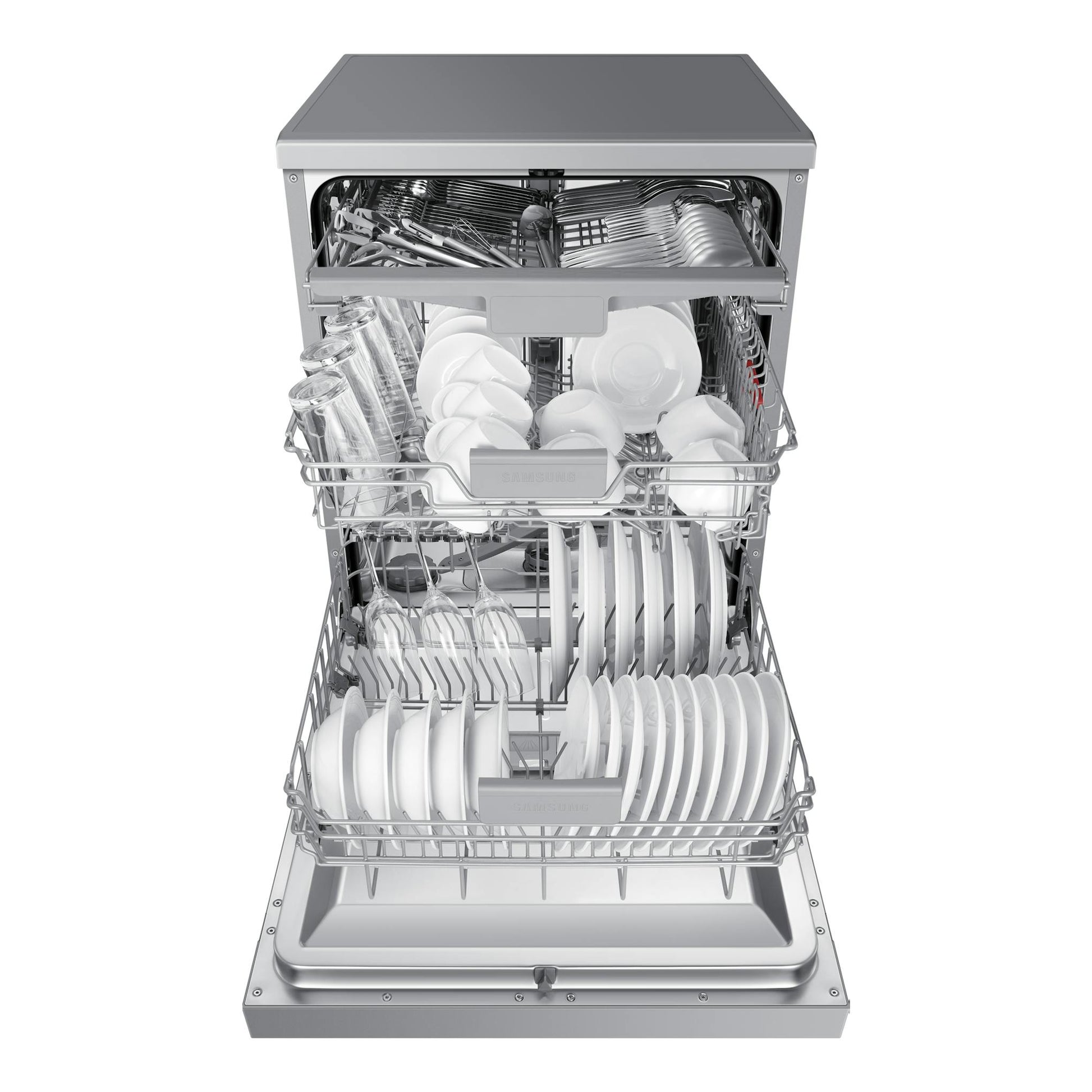 Lavavajillas Samsung DW60CG550FSRET, inox, vista frontal con puerta abierta y cestas cargadas.