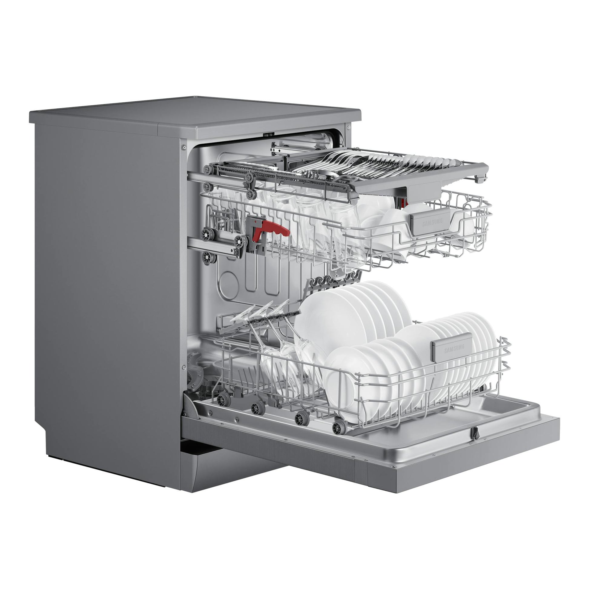 Lavavajillas Samsung DW60CG550FSRET de libre instalación, inox, con cestas abiertas en vista lateral.