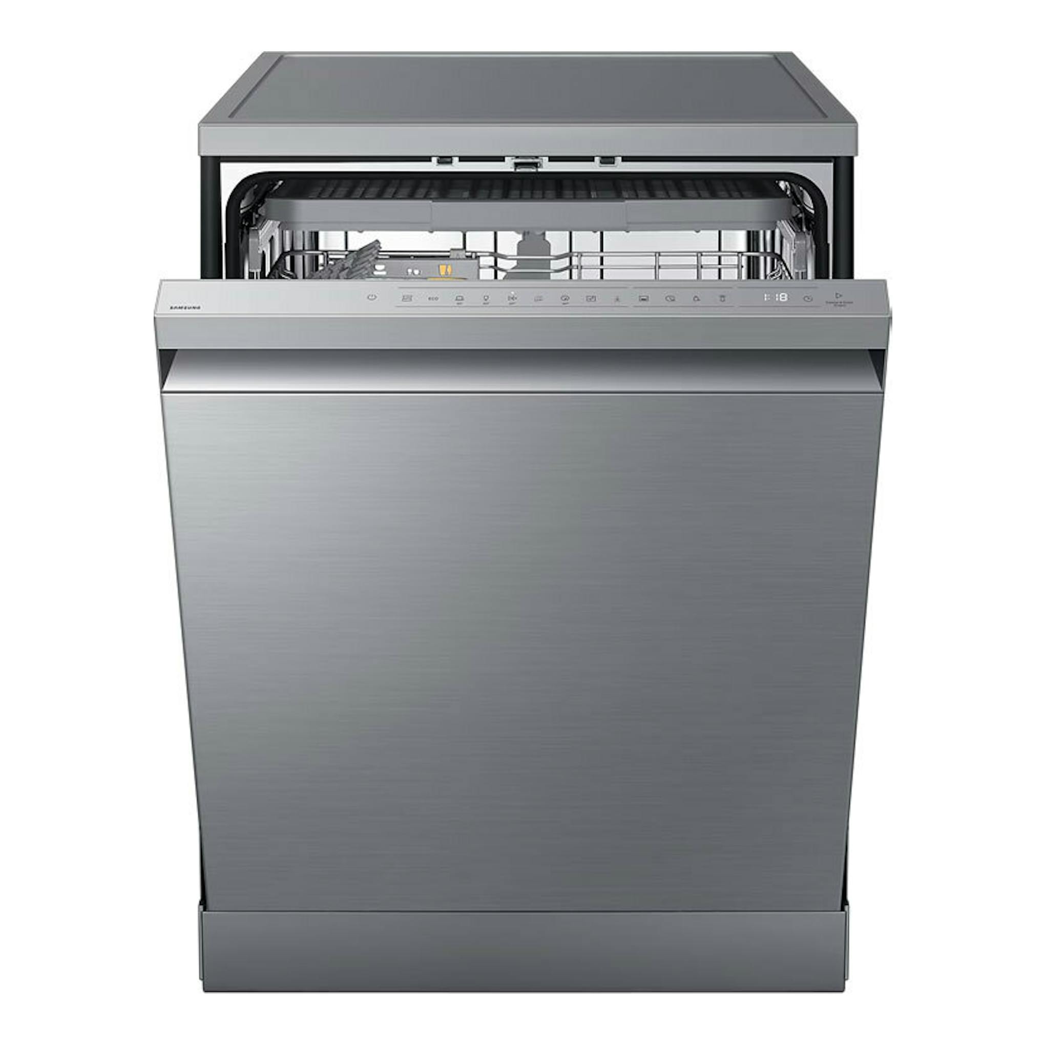 Lavavajillas Samsung DW60DG790FSLU1 de acero inoxidable, vista frontal con la puerta abierta.