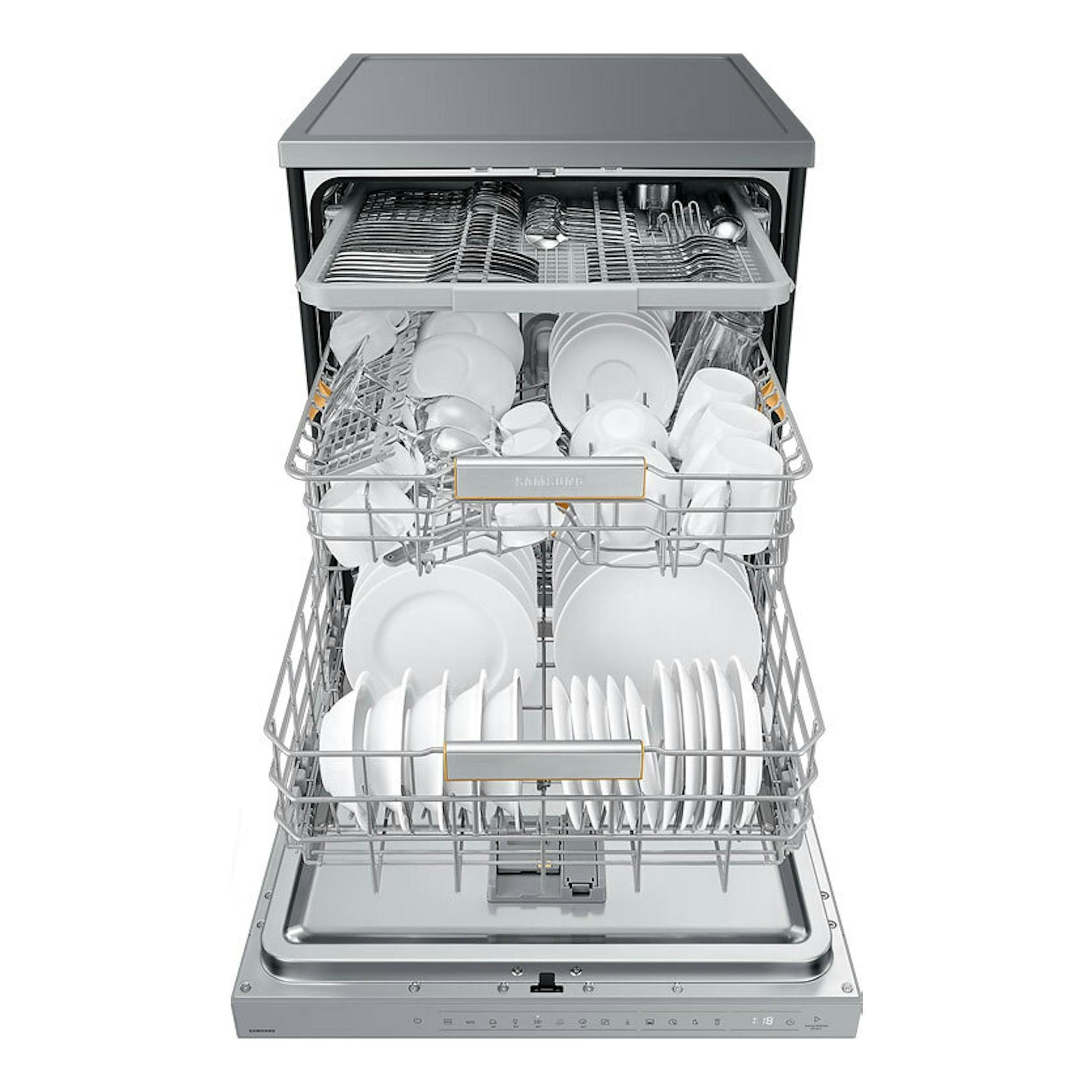 Lavavajillas Samsung DW60DG790FSLU1 abierto, vista frontal, con cestas llenas de platos blancos.