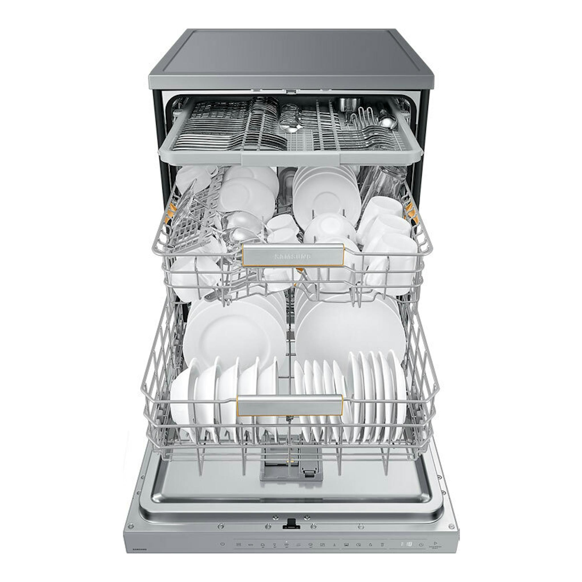 Lavavajillas Samsung DW60DG790FSLU1 abierto, vista frontal, con cestas llenas de platos blancos.