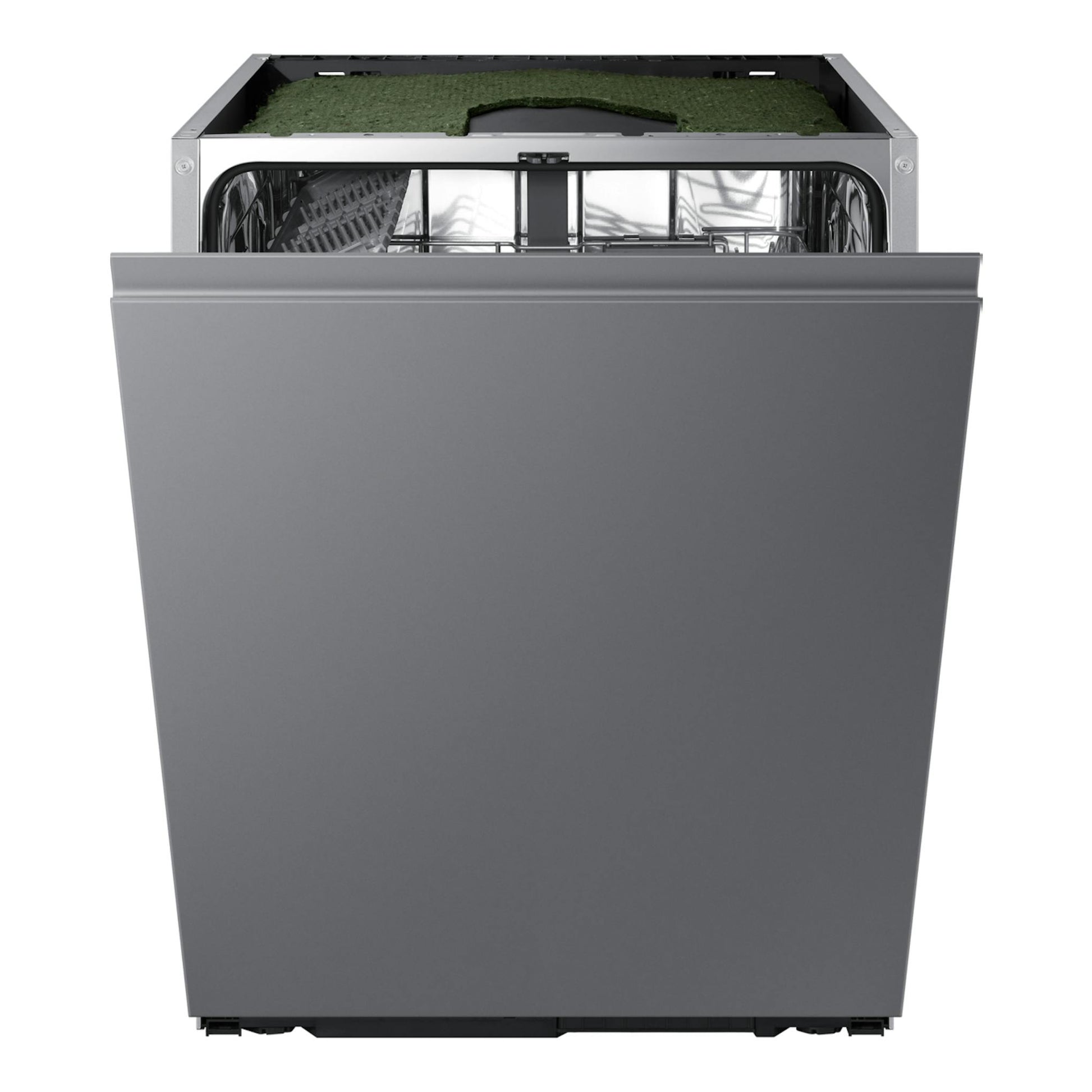 Lavavajillas integrable Samsung DW70H72WCI0U1, vista frontal, puerta abierta, panel gris.