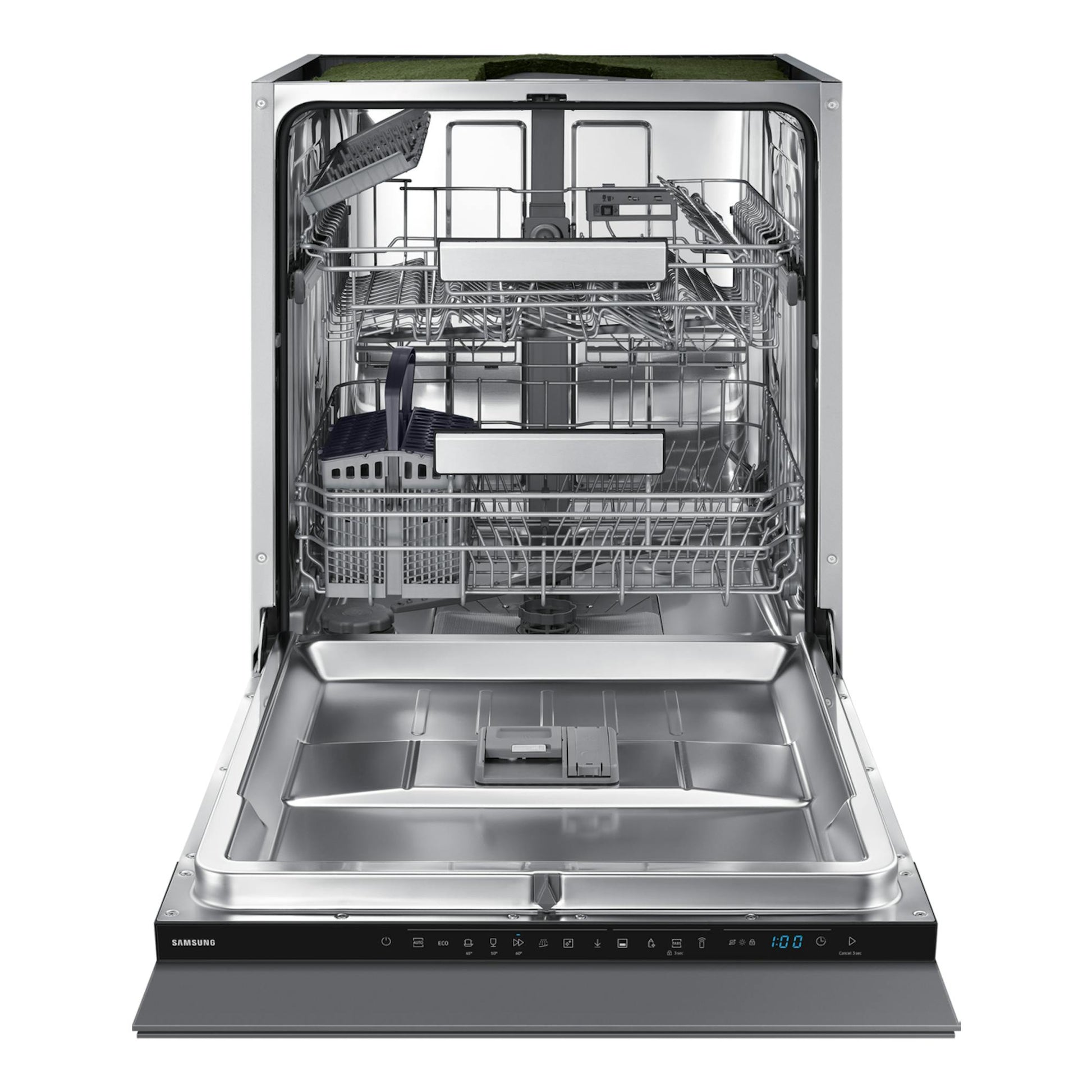 Lavavajillas integrable Samsung DW70H72WCI0U1 abierto, vista frontal, interior de acero inoxidable y panel negro.