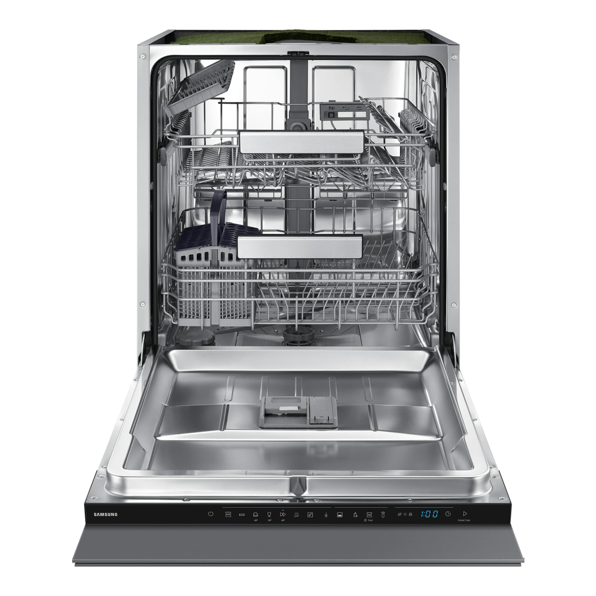 Lavavajillas integrable Samsung DW70H72WCI0U1 abierto, vista frontal, interior de acero inoxidable y panel negro.