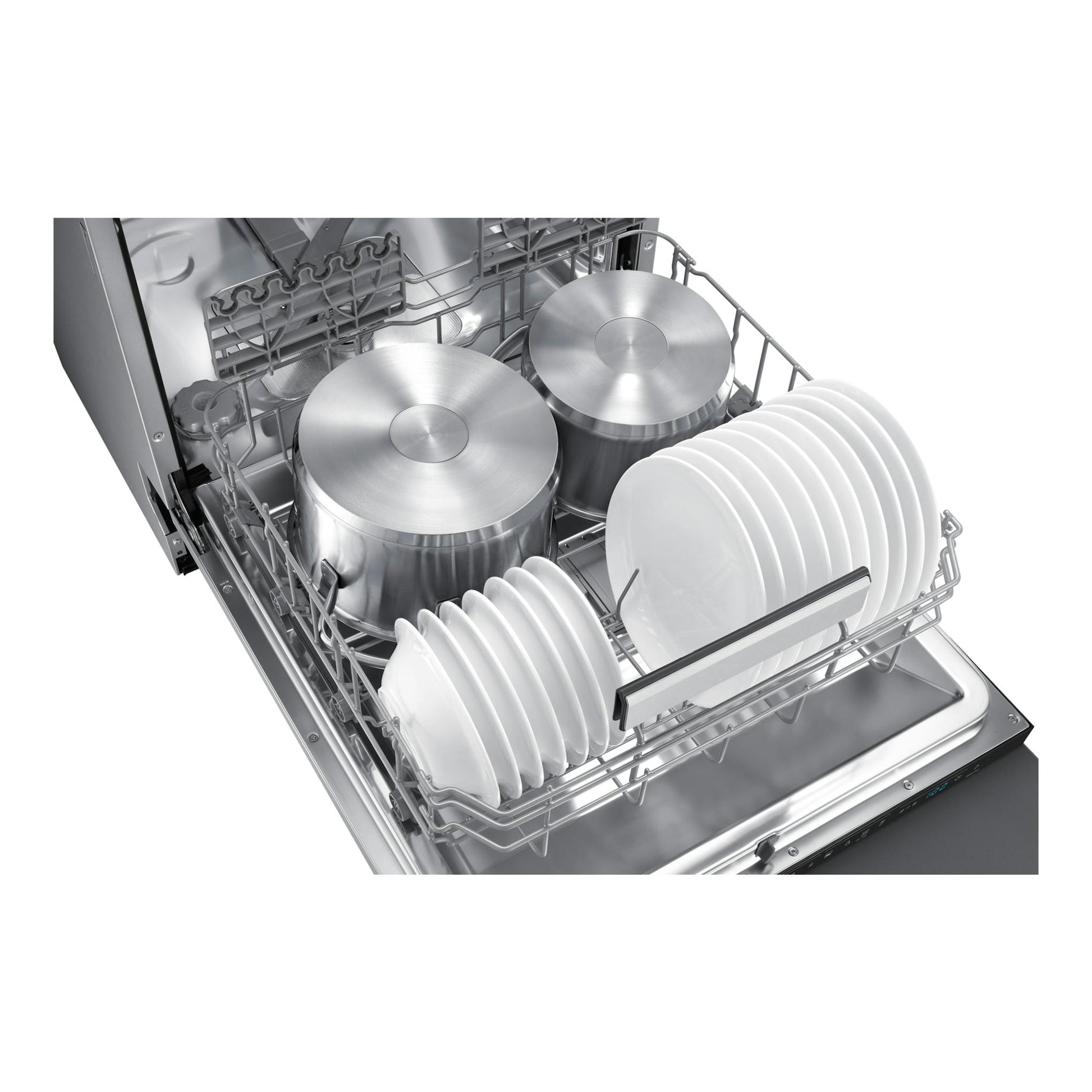 Samsung DW70H72WCI0U1, lavavajillas integrable en vista superior inclinada, con ollas y platos en el interior.