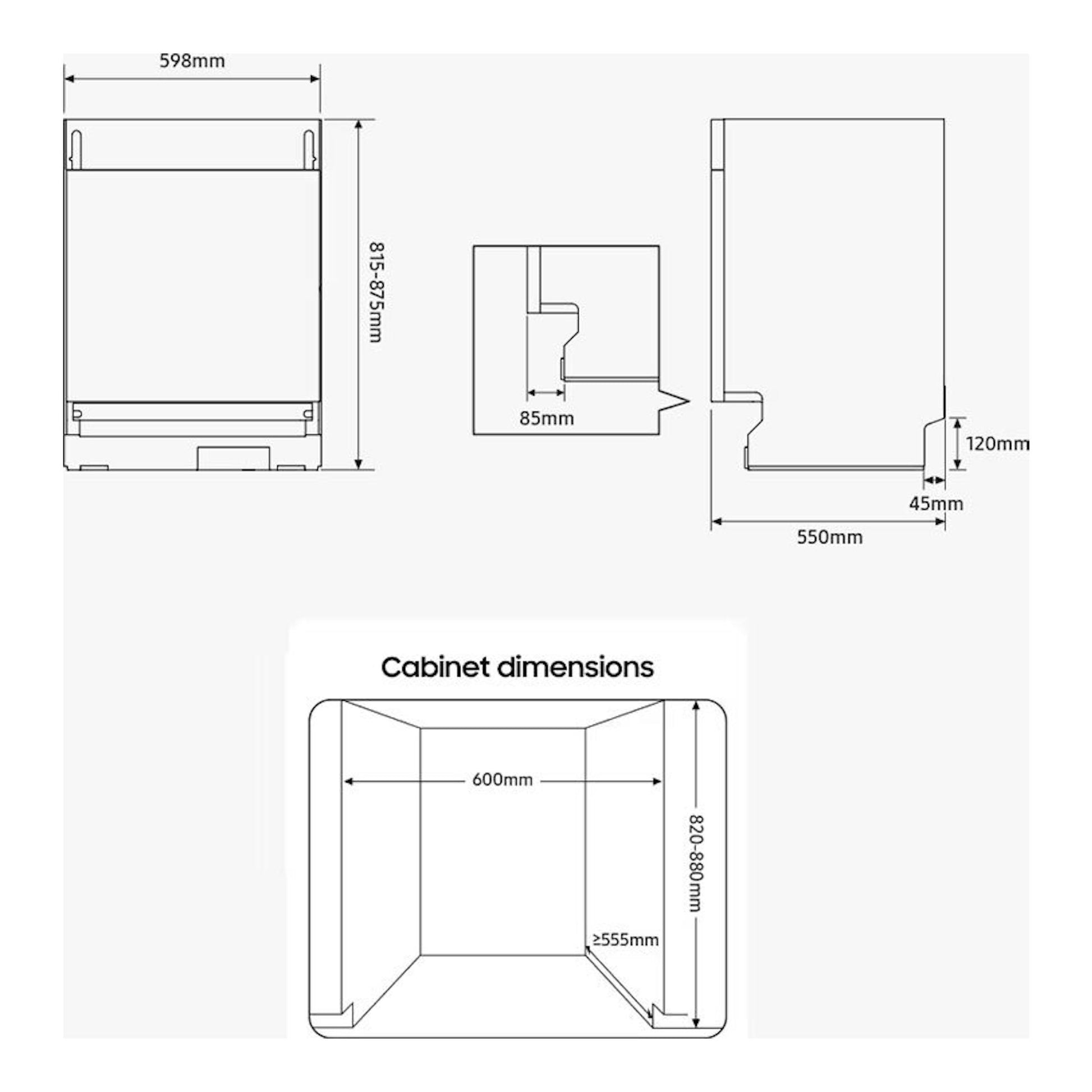 Samsung DW70H73WCI0U1: esquema técnico de lavavajillas empotrable blanco con vistas frontal y lateral y medidas.