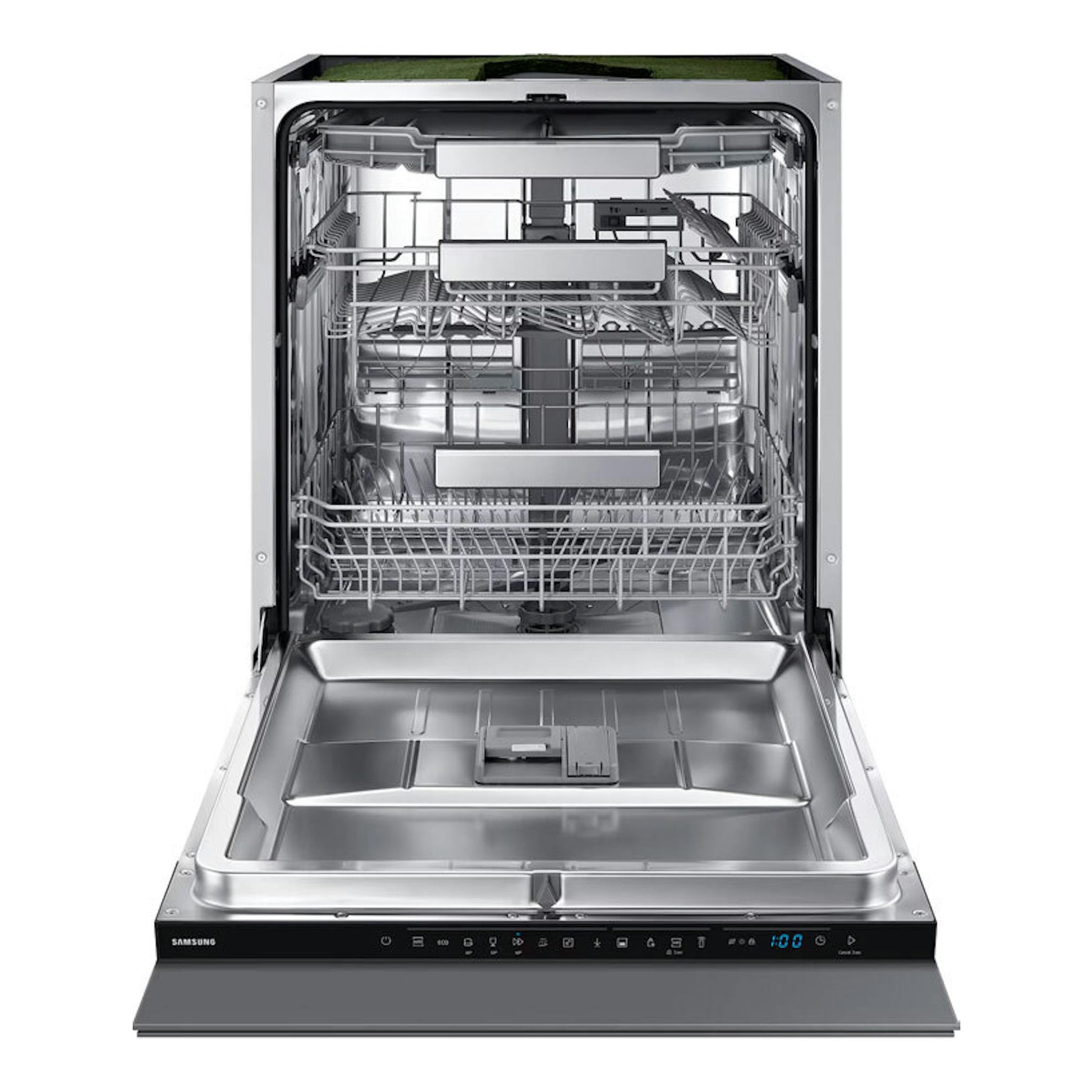 Lavavajillas Samsung DW70H73WCI0U1 de acero inoxidable, vista frontal abierta, con cestas interiores visibles.