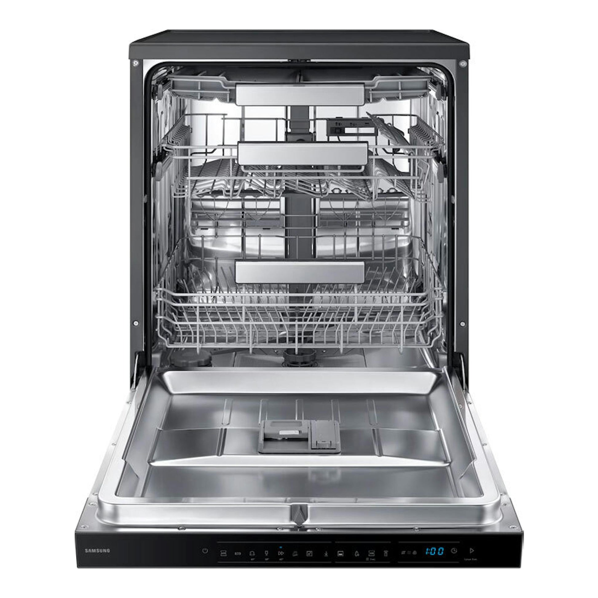 Lavavajillas Samsung DW70H73YCFEU1, vista frontal abierta, interior de acero inoxidable y panel negro.
