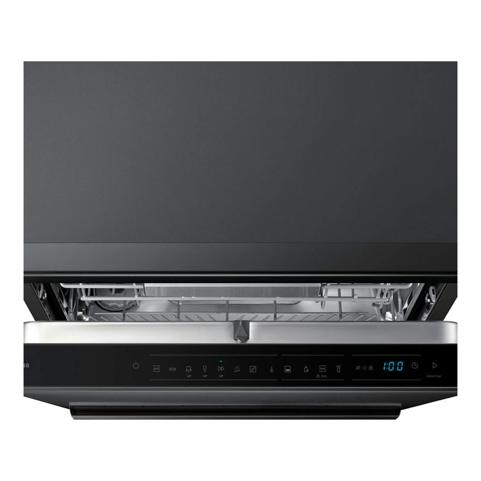 Lavavajillas Samsung DW70H73YCFEU1 negro, vista frontal con la puerta abierta y panel de control iluminado.