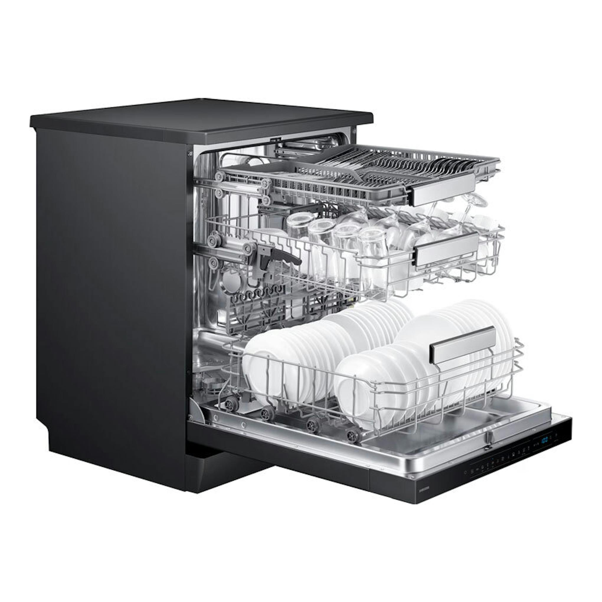 Lavavajillas Samsung DW70H73YCFEU1 negro, vista frontal tres cuartos, puerta abierta con cestos y platos blancos.