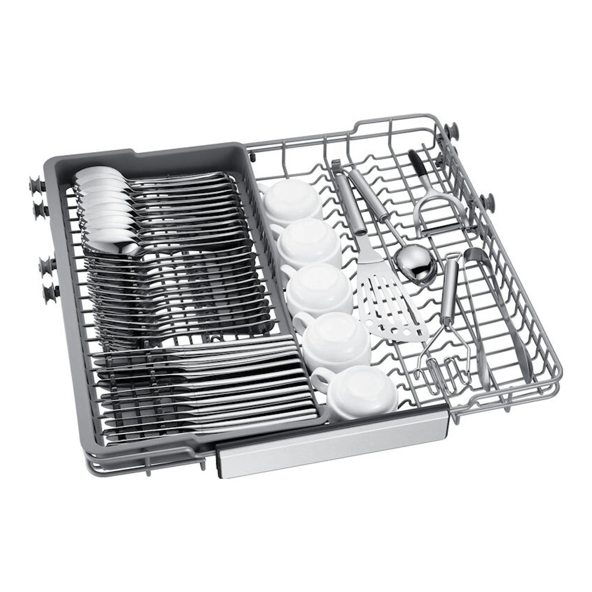 Samsung DW70H73YCFEU1: cesta de lavavajillas extraíble gris con cubiertos, tazas y utensilios, vista en ángulo.