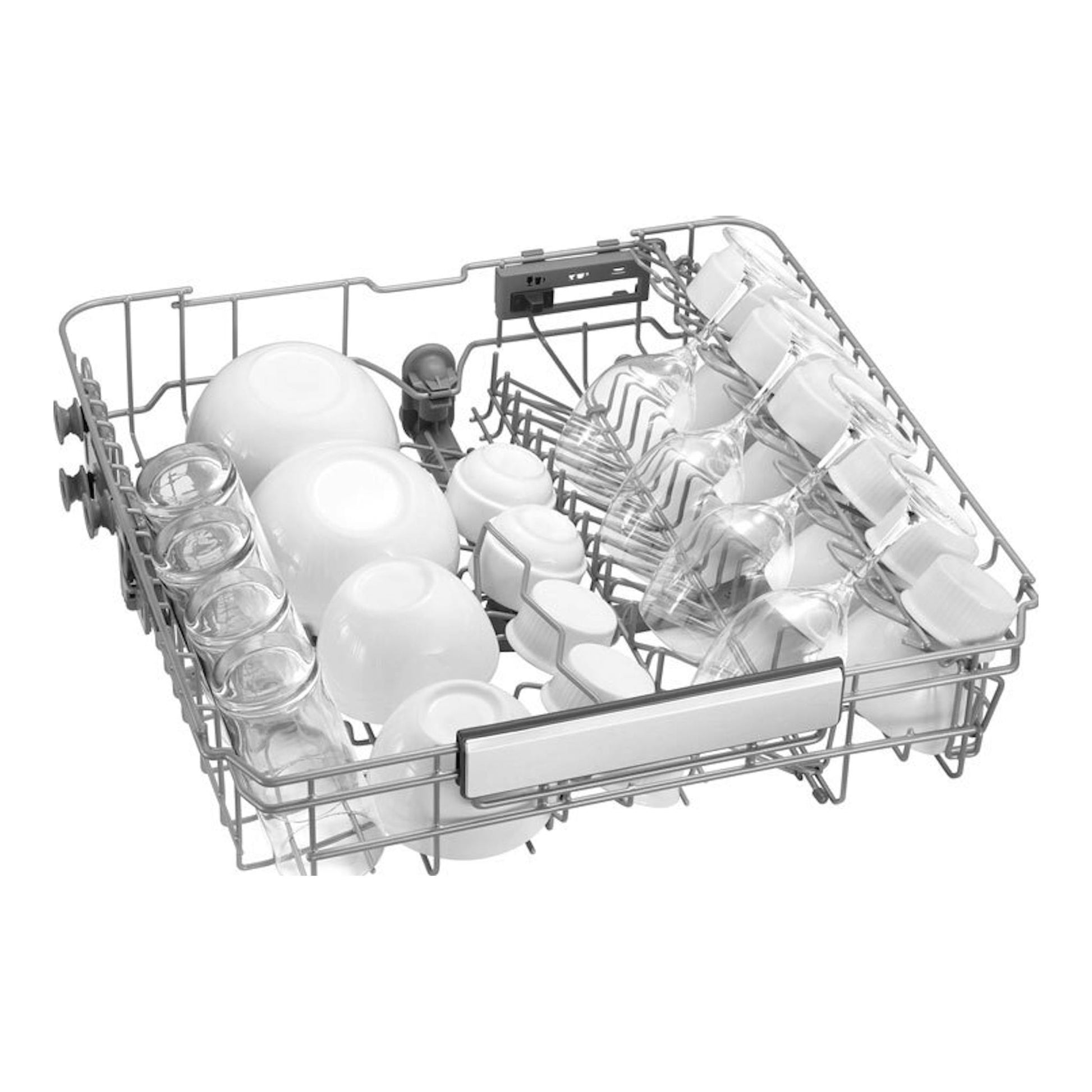 Samsung DW70H73YCFEU1: cesta inferior de lavavajillas con platos, vasos y copas, vista en ángulo.
