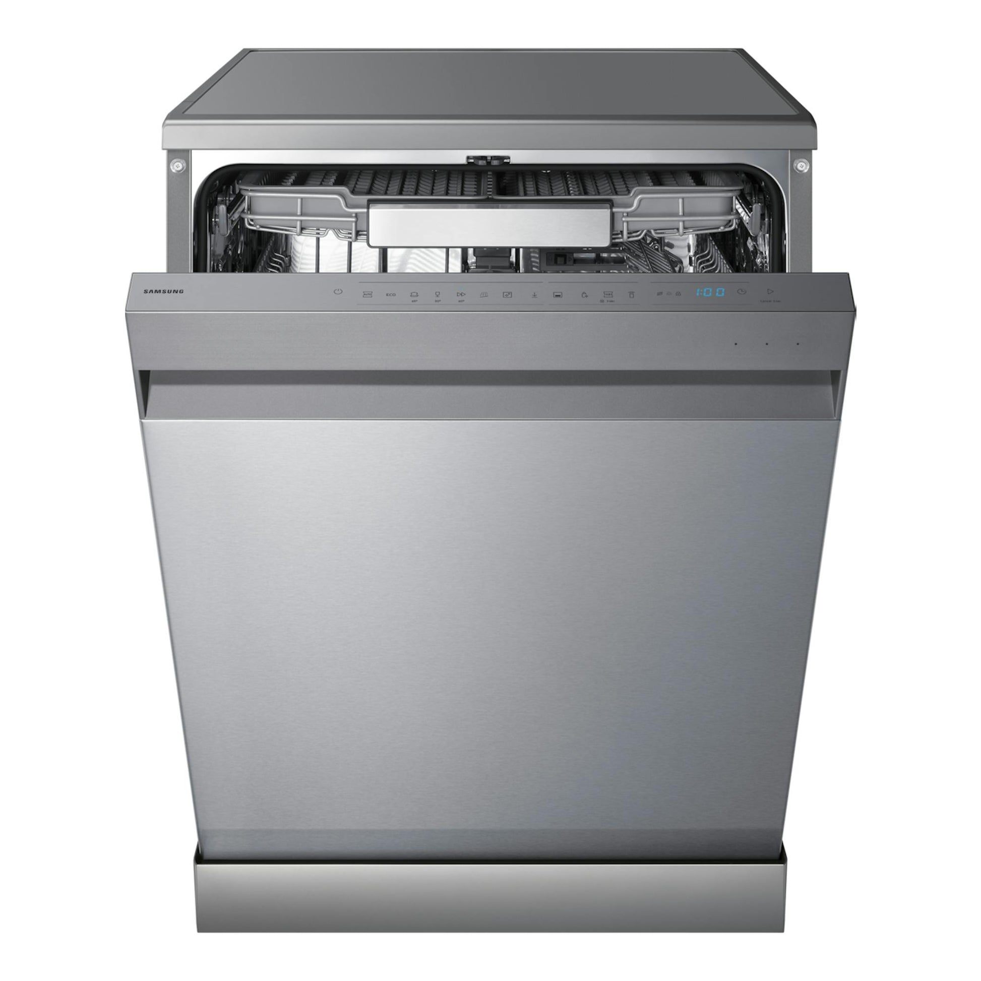 Lavavajillas Samsung DW70H73YCFRU1 inox, vista frontal con puerta abierta y panel de control.