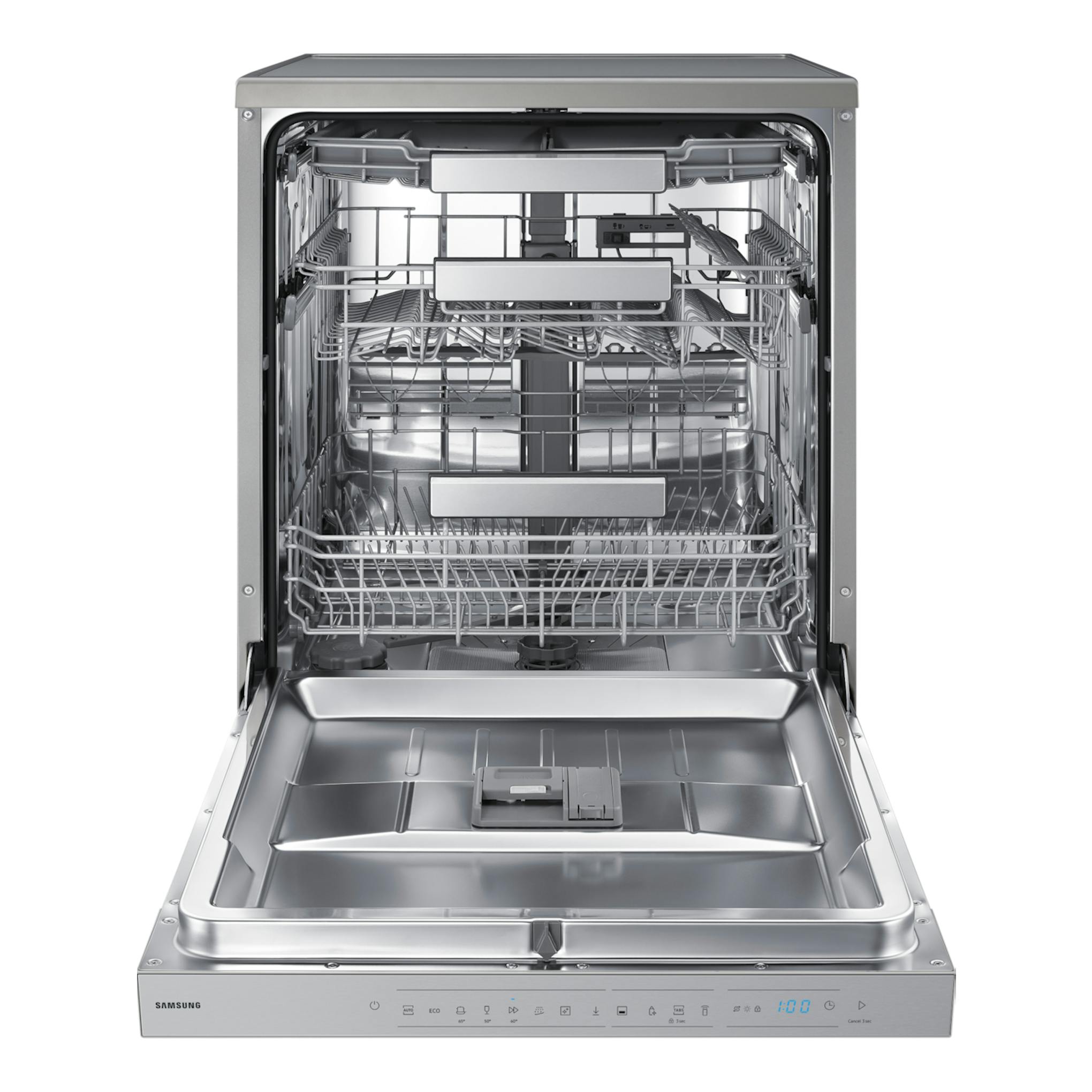 Lavavajillas Samsung DW70H73YCFRU1 de acero inoxidable, abierto, vista frontal.