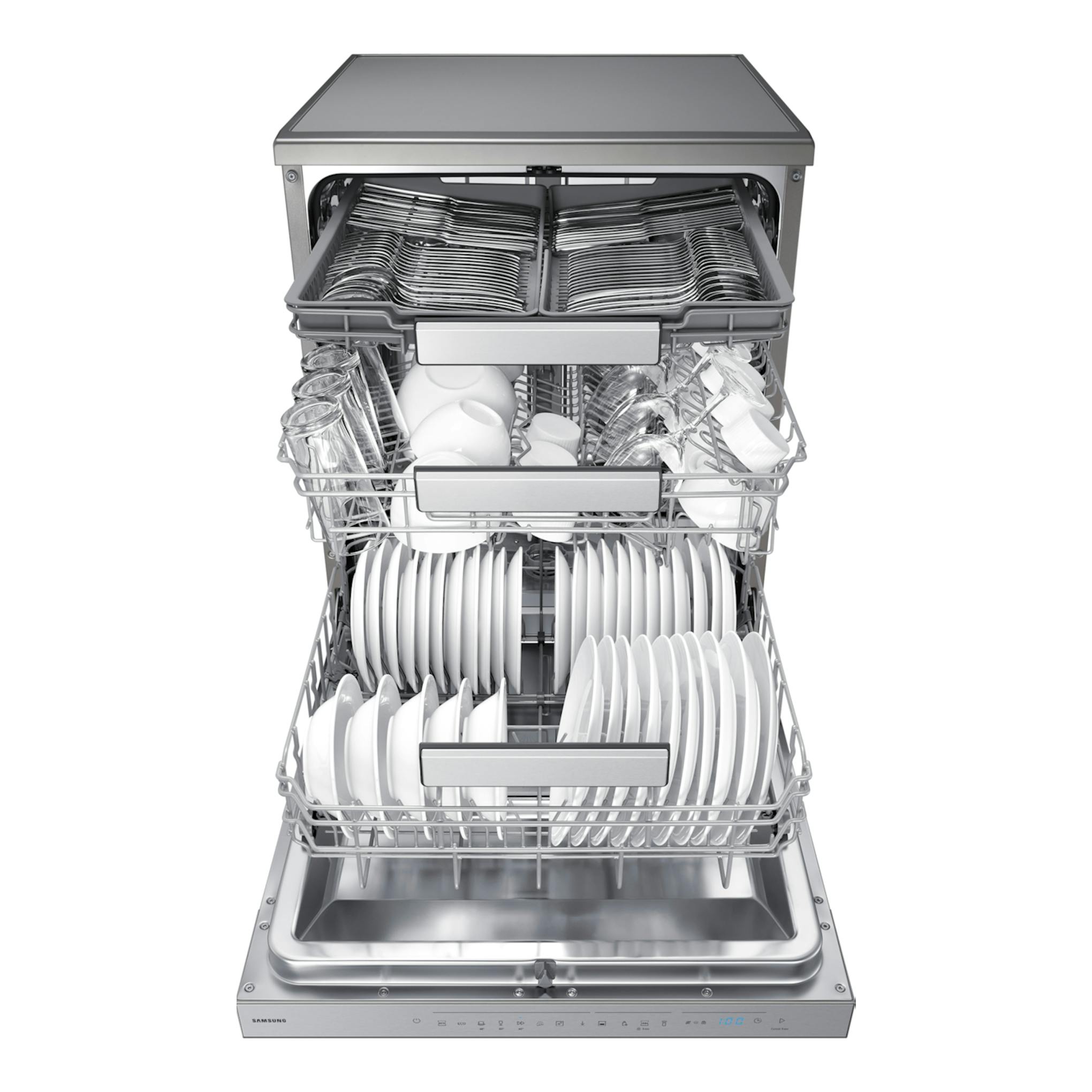 Lavavajillas Samsung DW70H73YCFRU1 inox, vista frontal abierta, con cestas llenas de platos y vasos.