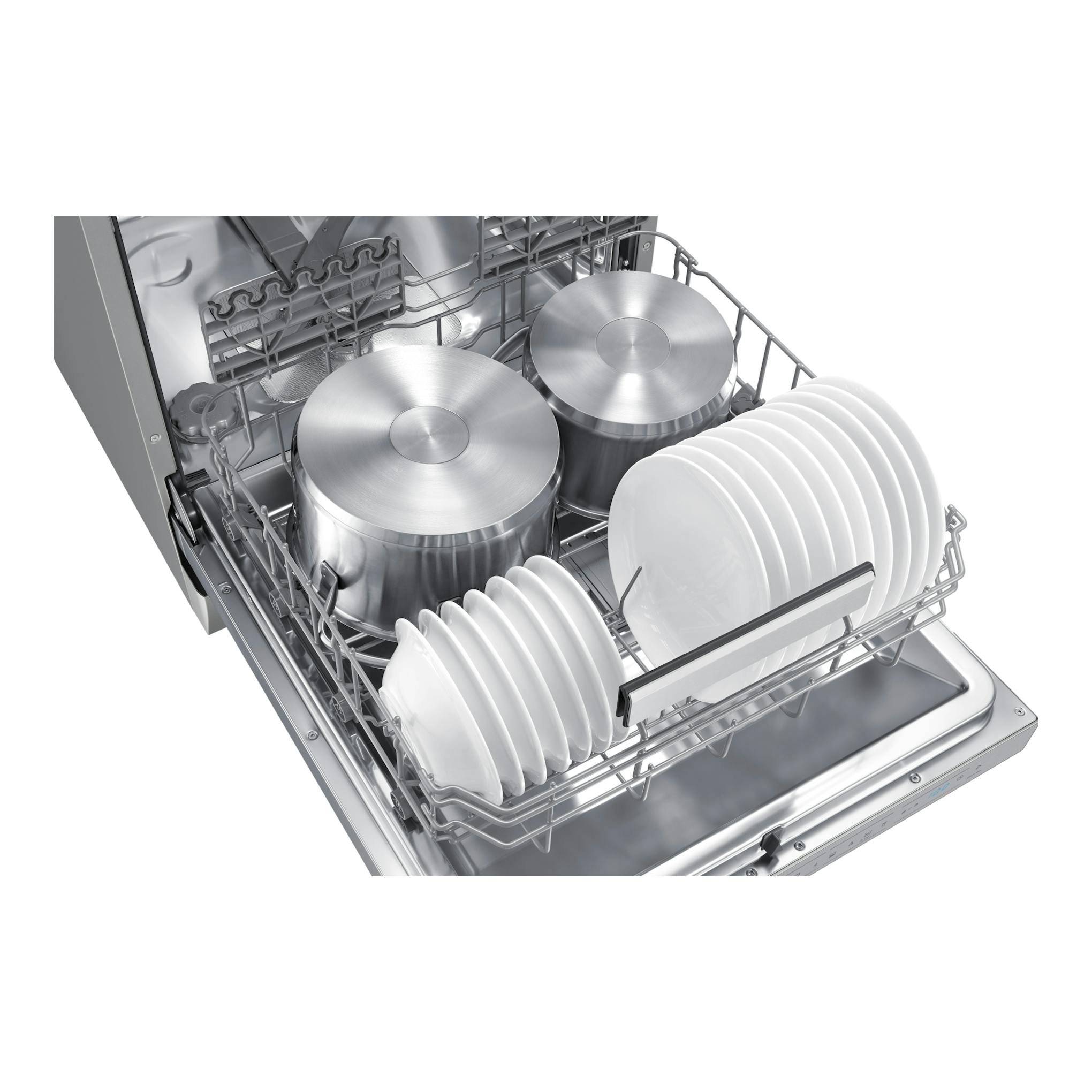 Lavavajillas Samsung DW70H73YCFRU1 abierto, interior inox con cestos llenos de platos y ollas.