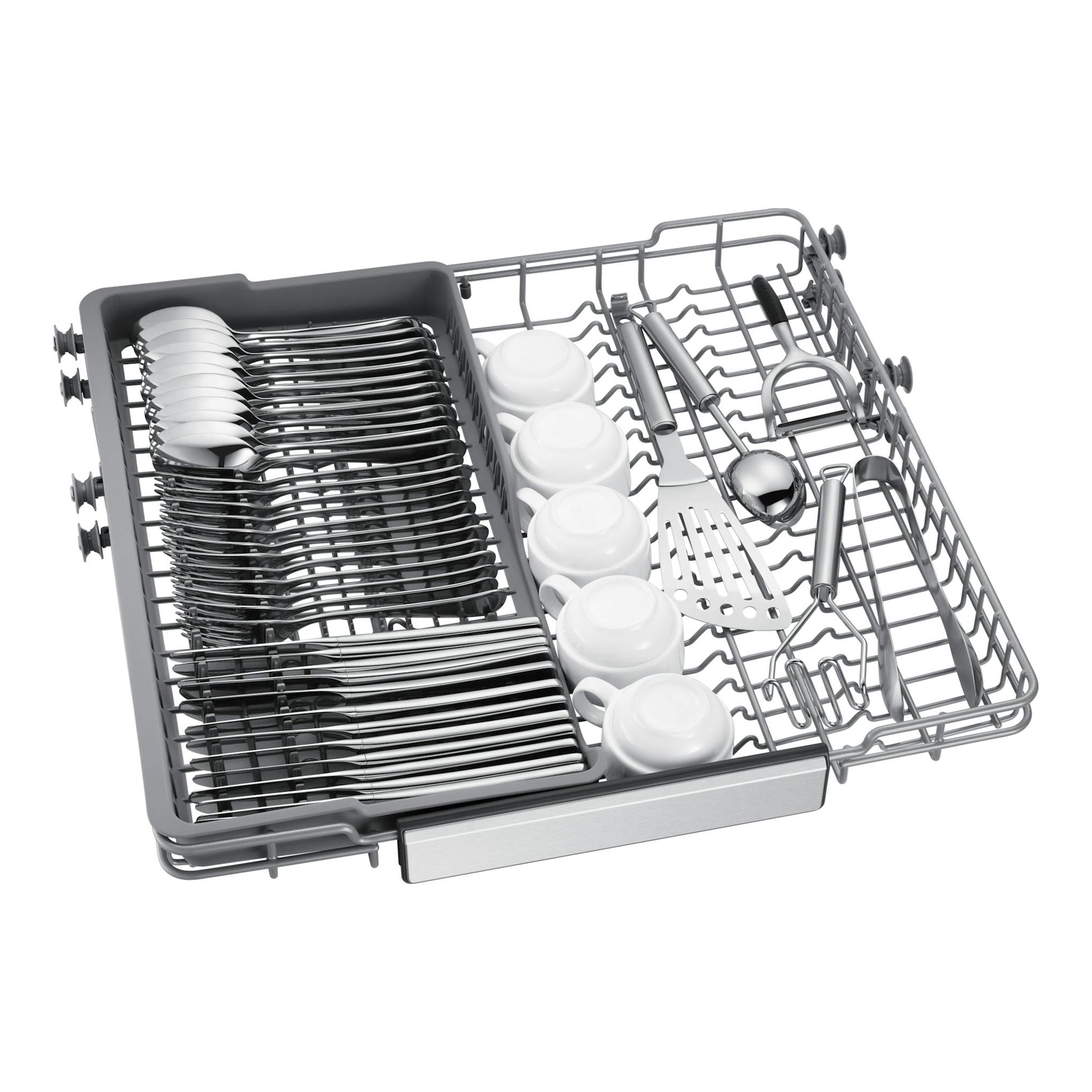 Cesto de lavavajillas Samsung DW70H73YCFRU1, vista superior, con cubiertos, tazas y utensilios.