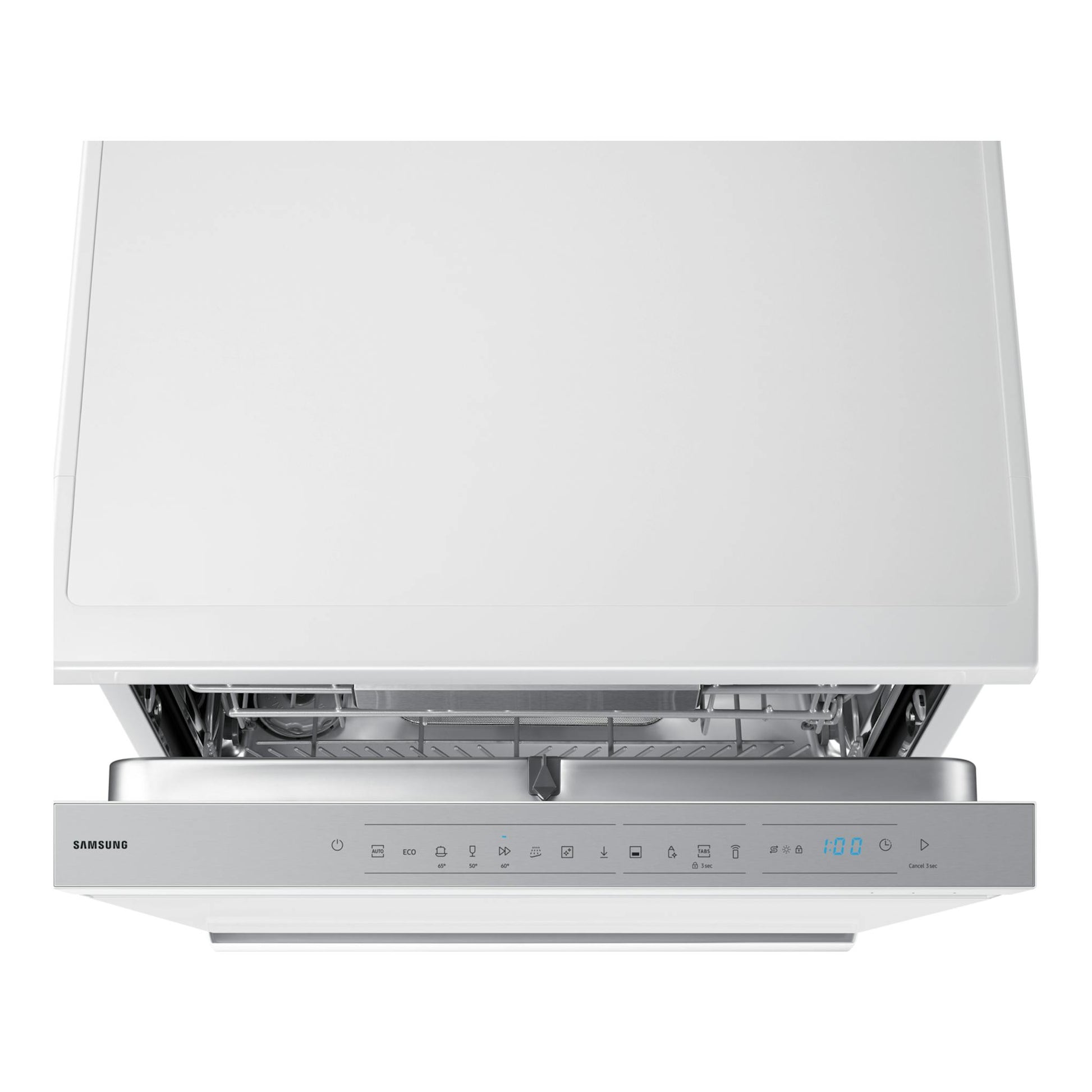 Lavavajillas Samsung DW70H73YCFVU1 blanco, vista frontal con la puerta abierta y panel de control visible.