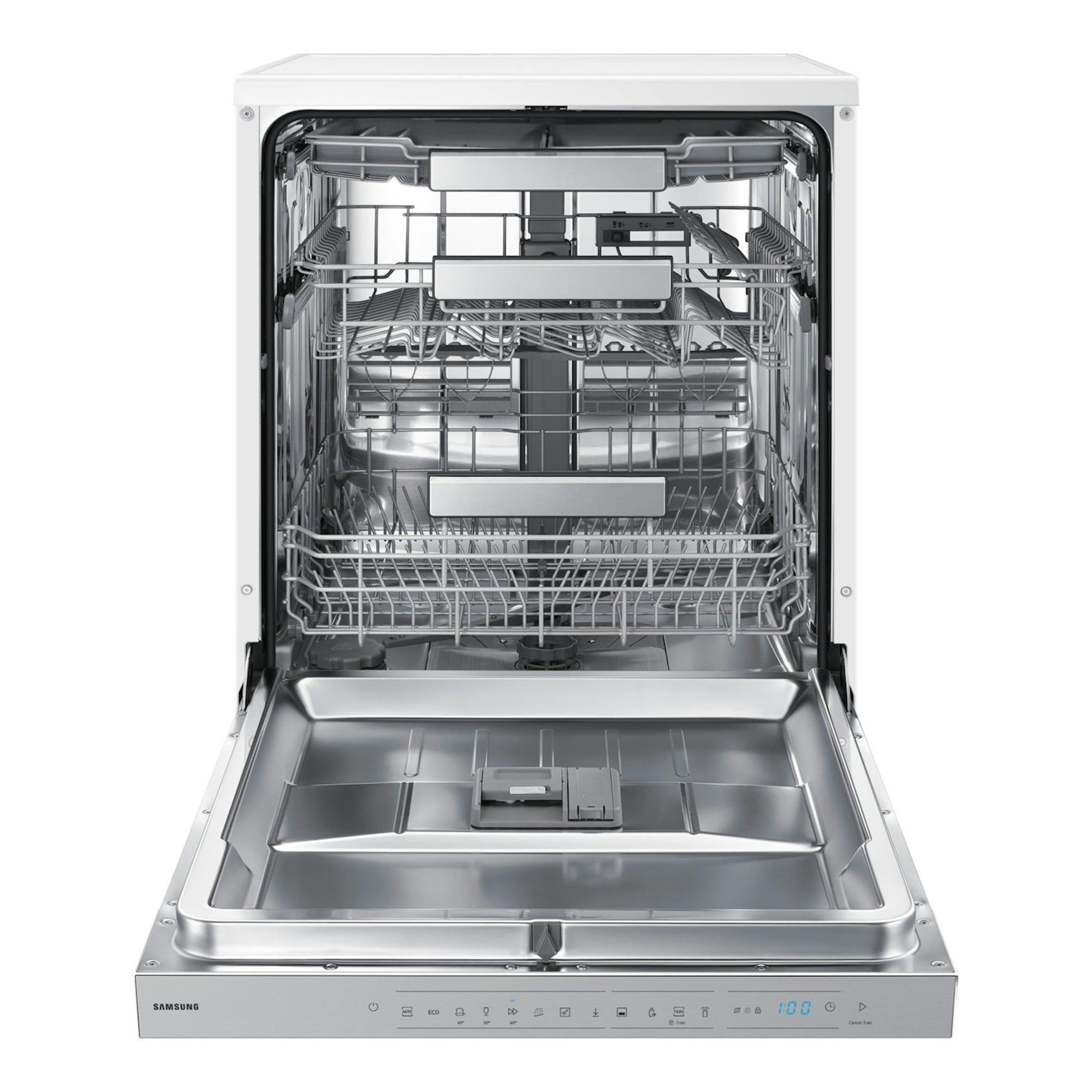 Lavavajillas Samsung DW70H73YCFVU1 blanco, vista frontal abierta con interior de acero inoxidable y cestas.