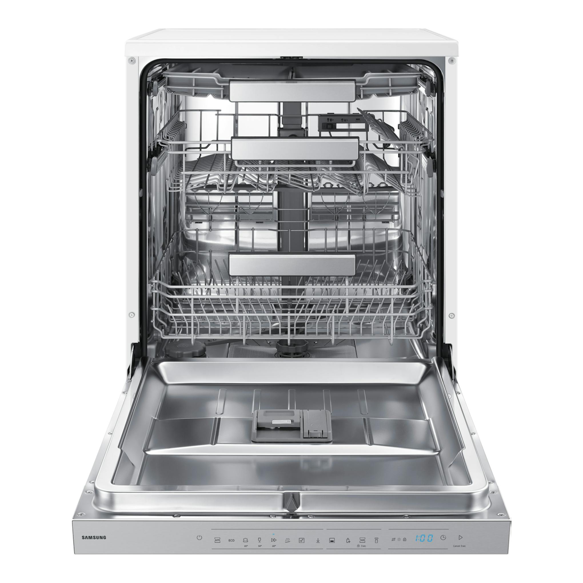 Lavavajillas Samsung DW70H73YCFVU1 blanco, vista frontal abierta con interior de acero inoxidable y cestas.