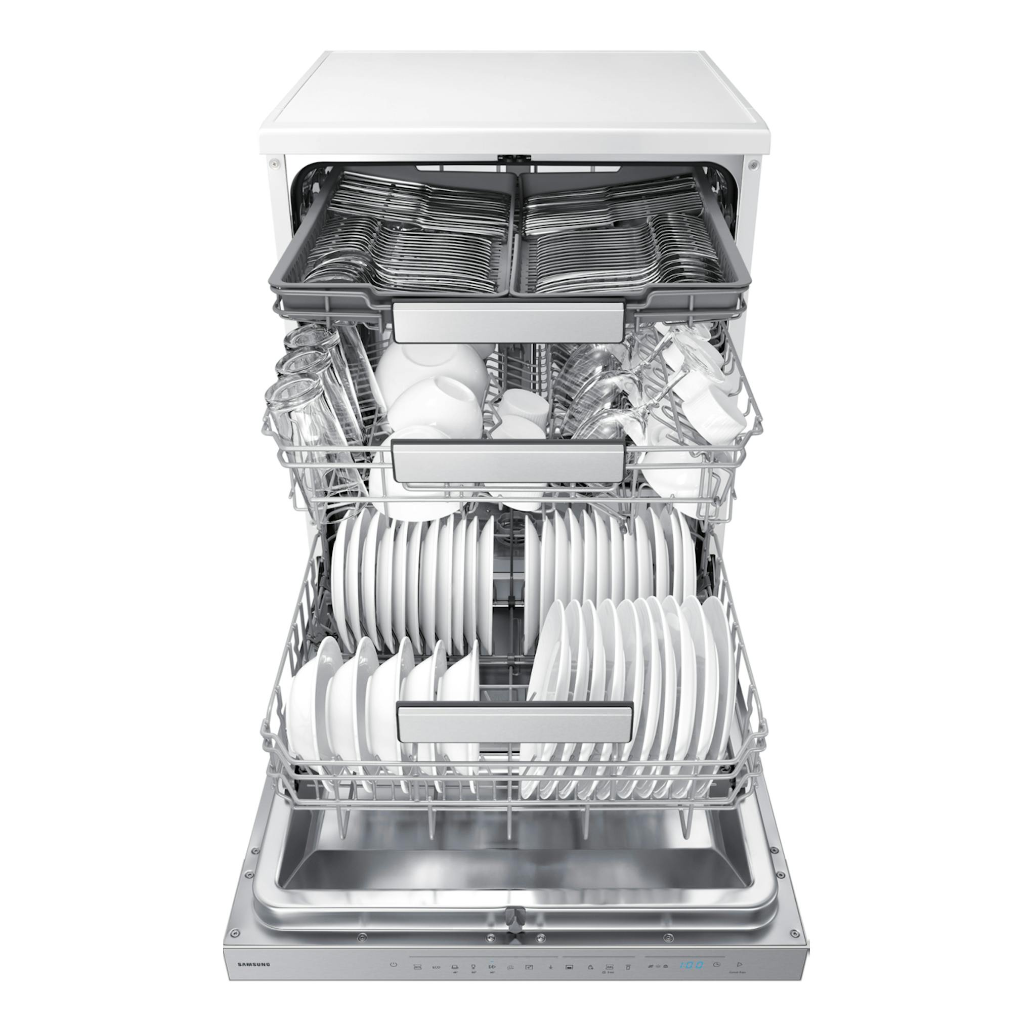 Lavavajillas Samsung DW70H73YCFVU1 blanco, vista frontal abierta, con cestas llenas de platos y vasos.