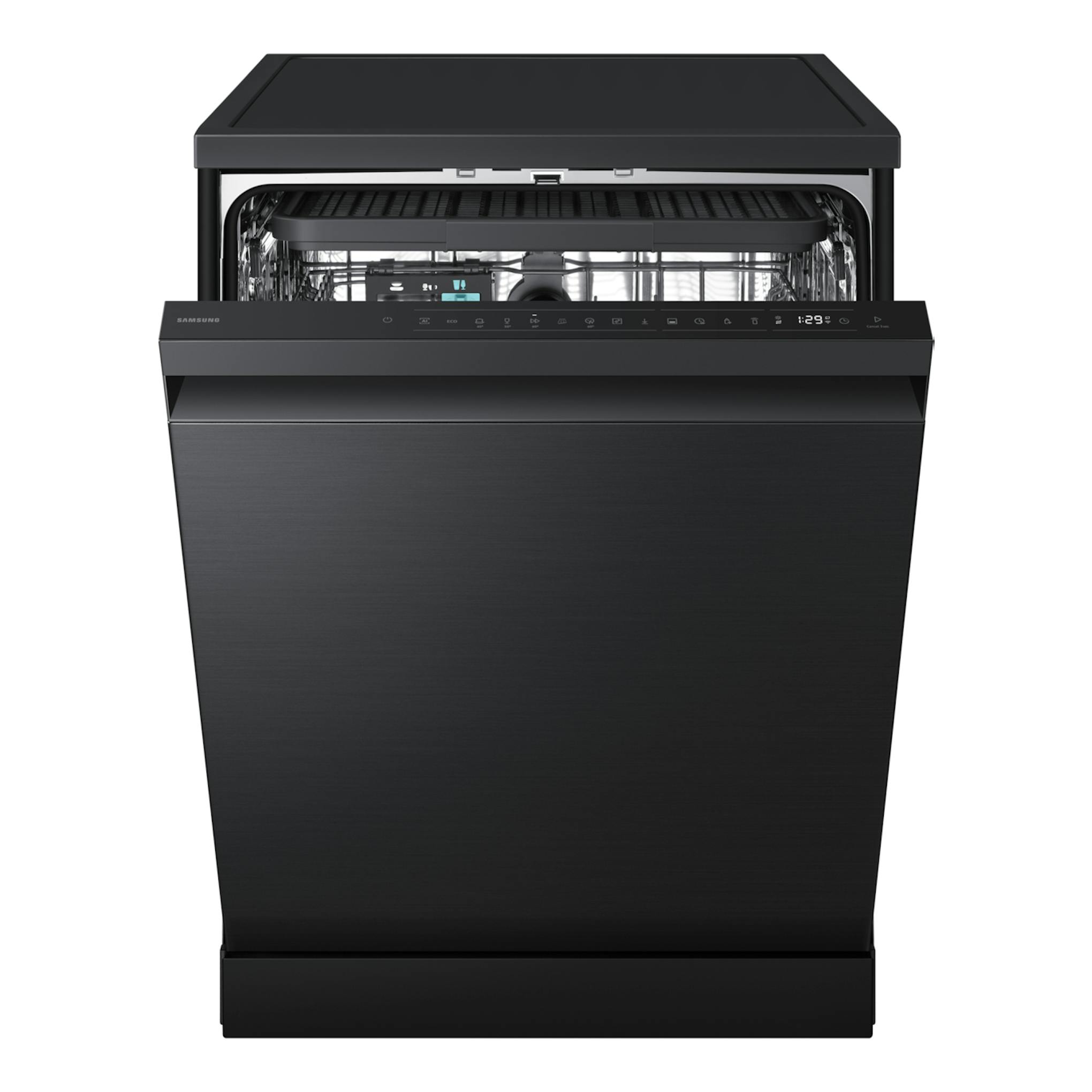 Lavavajillas Samsung DW80H73YAFFU1 negro, vista frontal, puerta abierta.