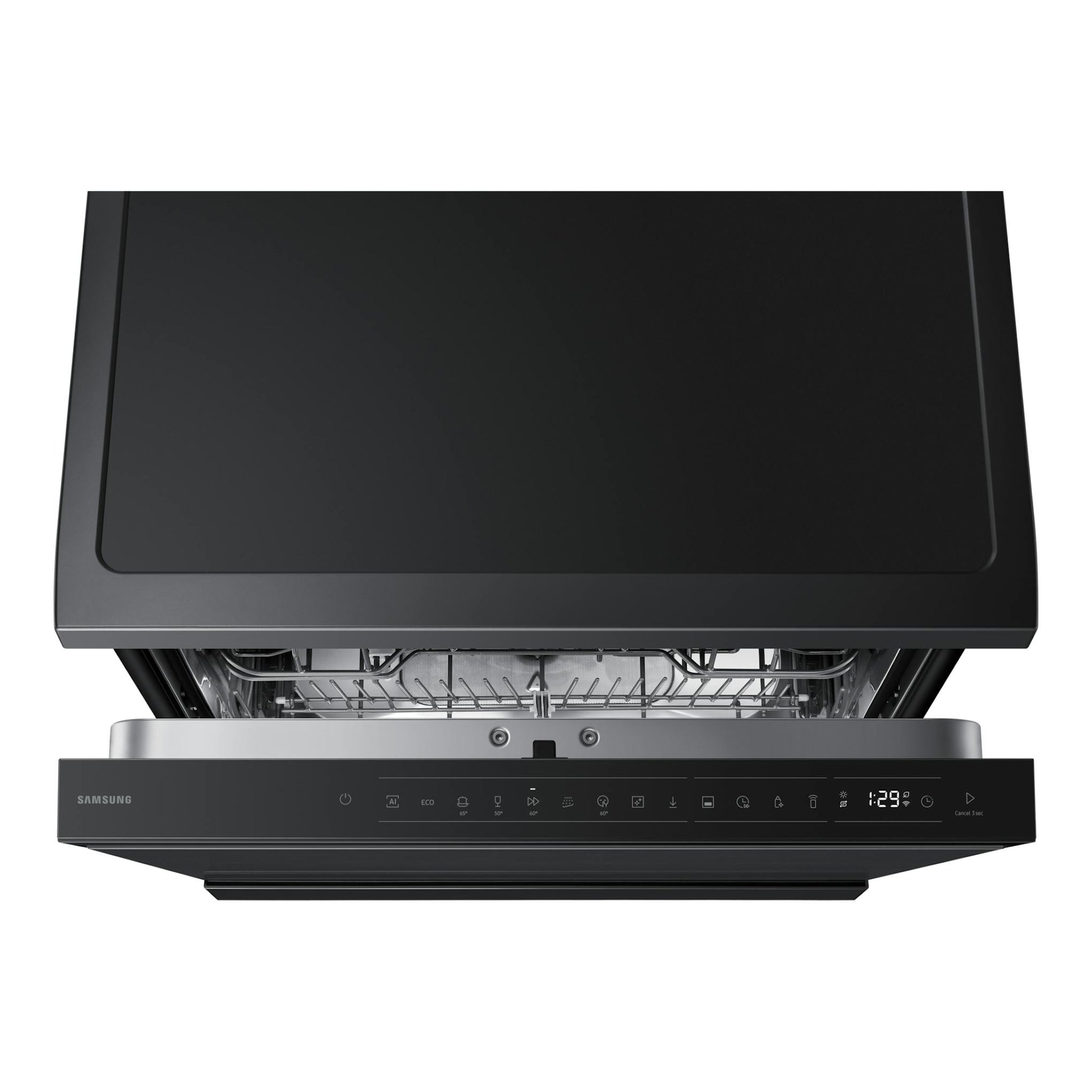 Lavavajillas Samsung DW80H73YAFFU1 negro, vista frontal con puerta abierta y panel digital.