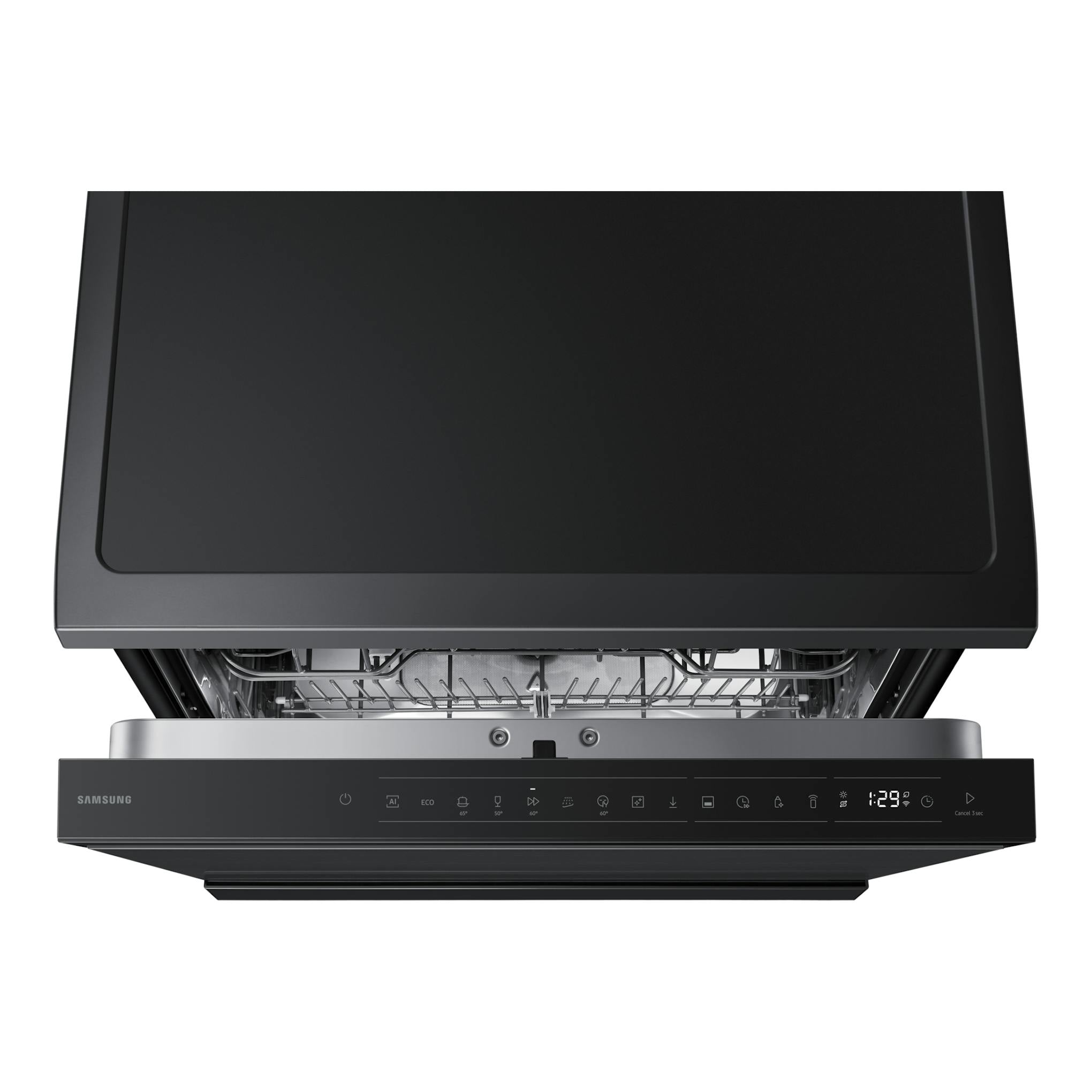 Lavavajillas Samsung DW80H73YBFFU1 negro, vista frontal con la puerta abierta y panel de control visible.