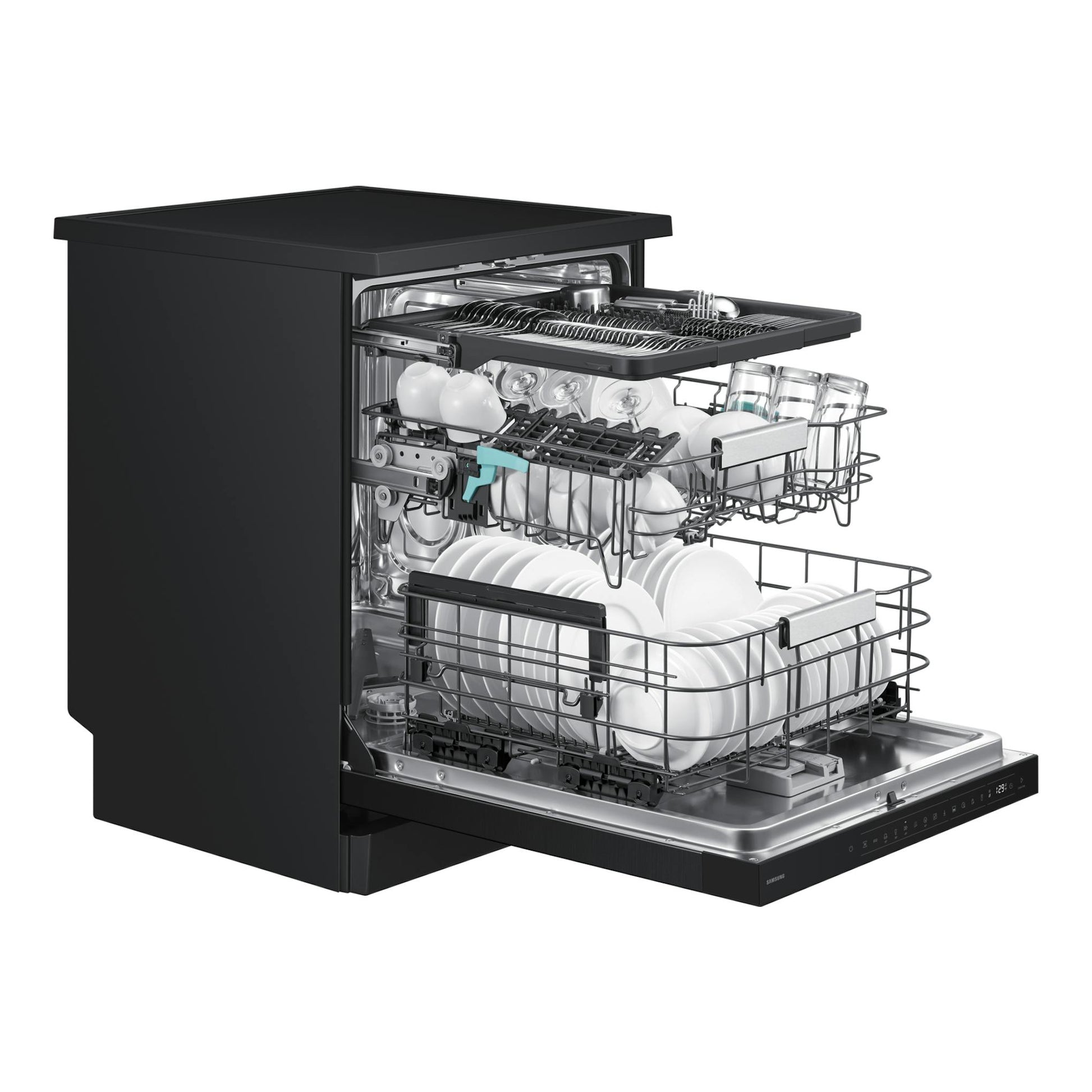 Lavavajillas Samsung DW80H73YAFFU1 negro, vista frontal en ángulo, puerta abierta con cestas cargadas.