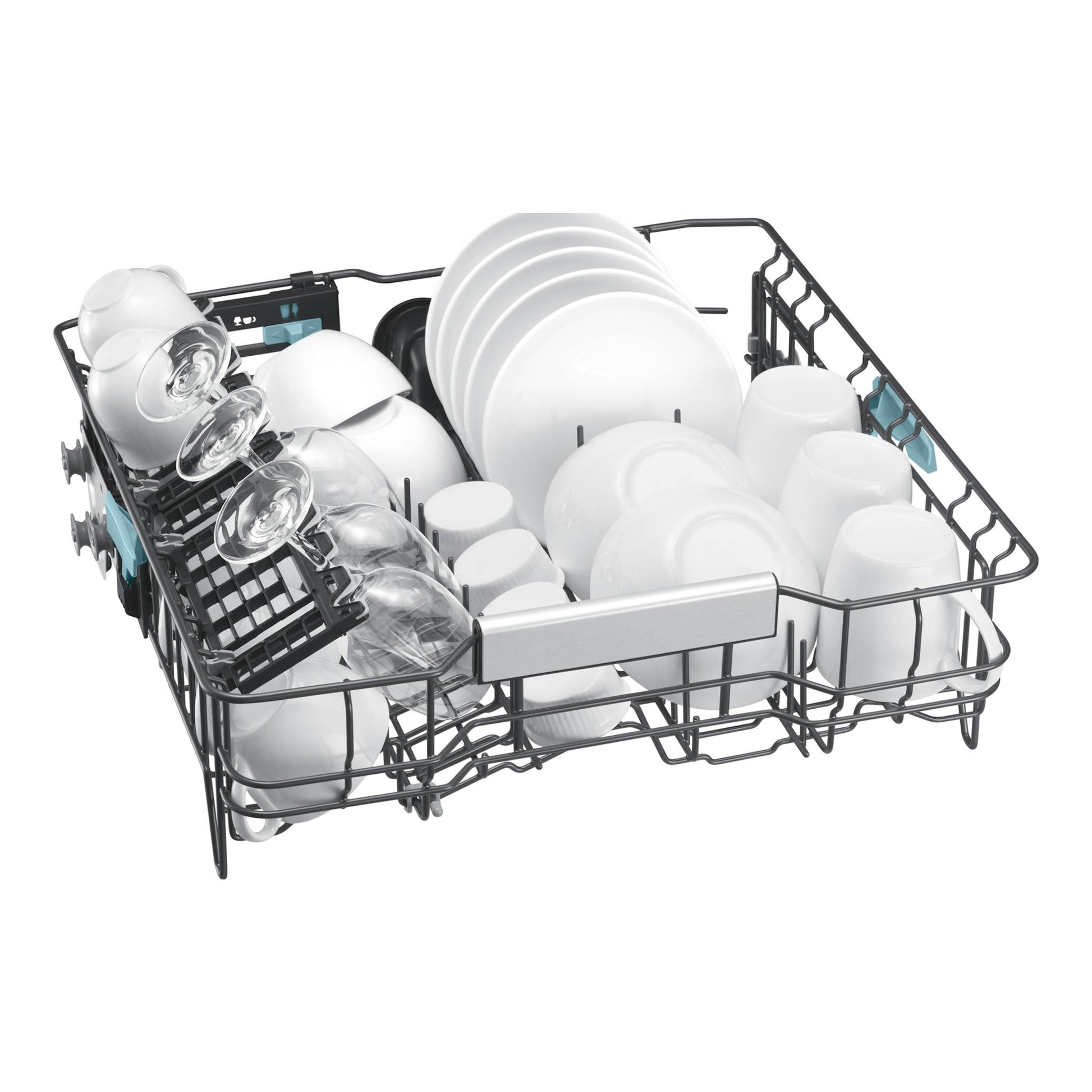 Samsung DW80H73YAFFU1: cesta de lavavajillas llena de platos y vasos, vista oblicua sobre fondo blanco.