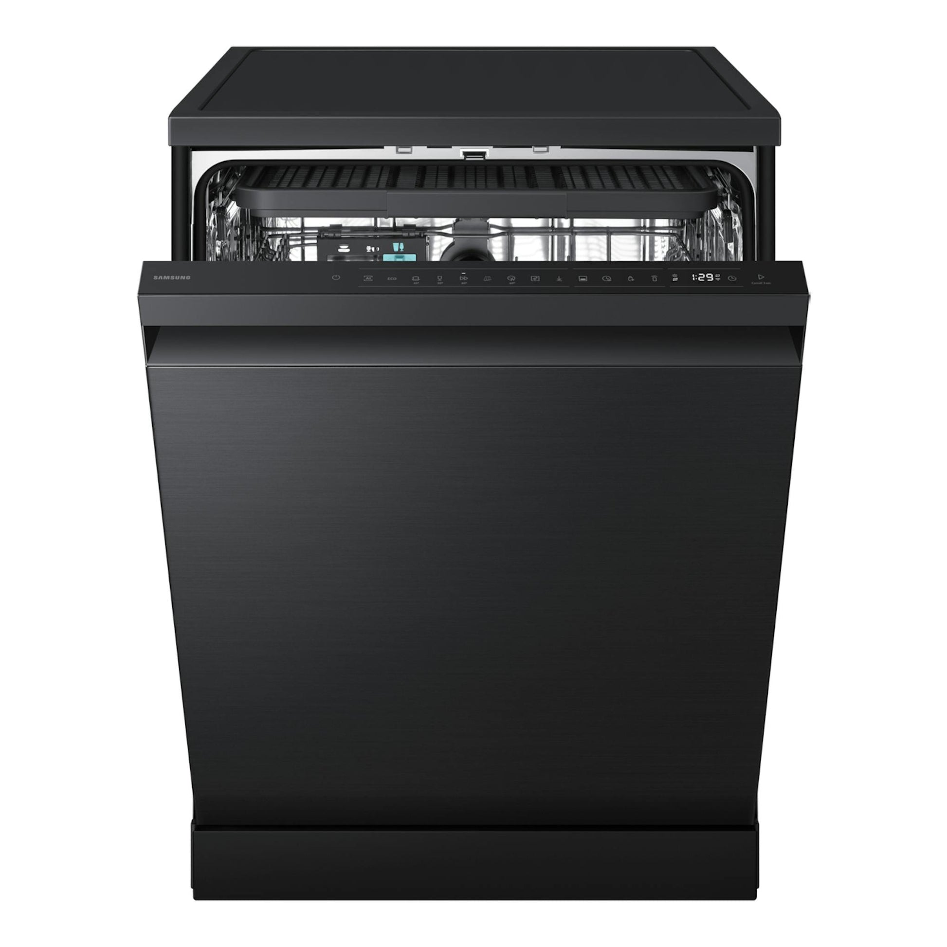 Lavavajillas Samsung DW80H73YBFFU1 negro, vista frontal con la puerta abierta y el interior visible.