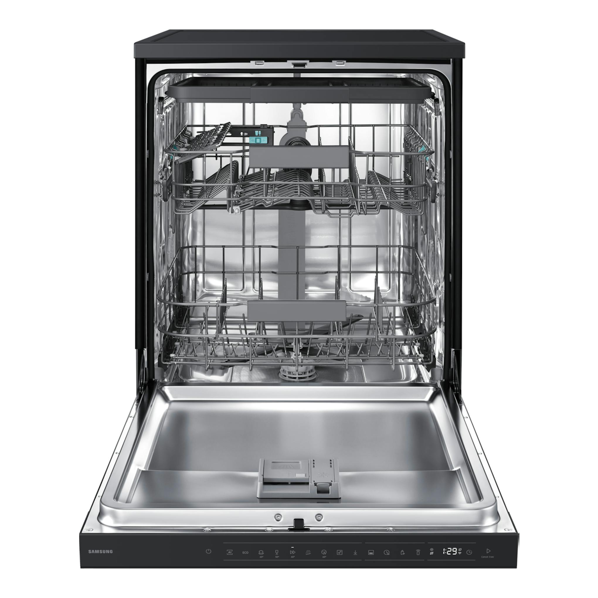 Lavavajillas Samsung DW80H73YBFFU1 negro, abierto y de frente, con cestas interiores visibles.