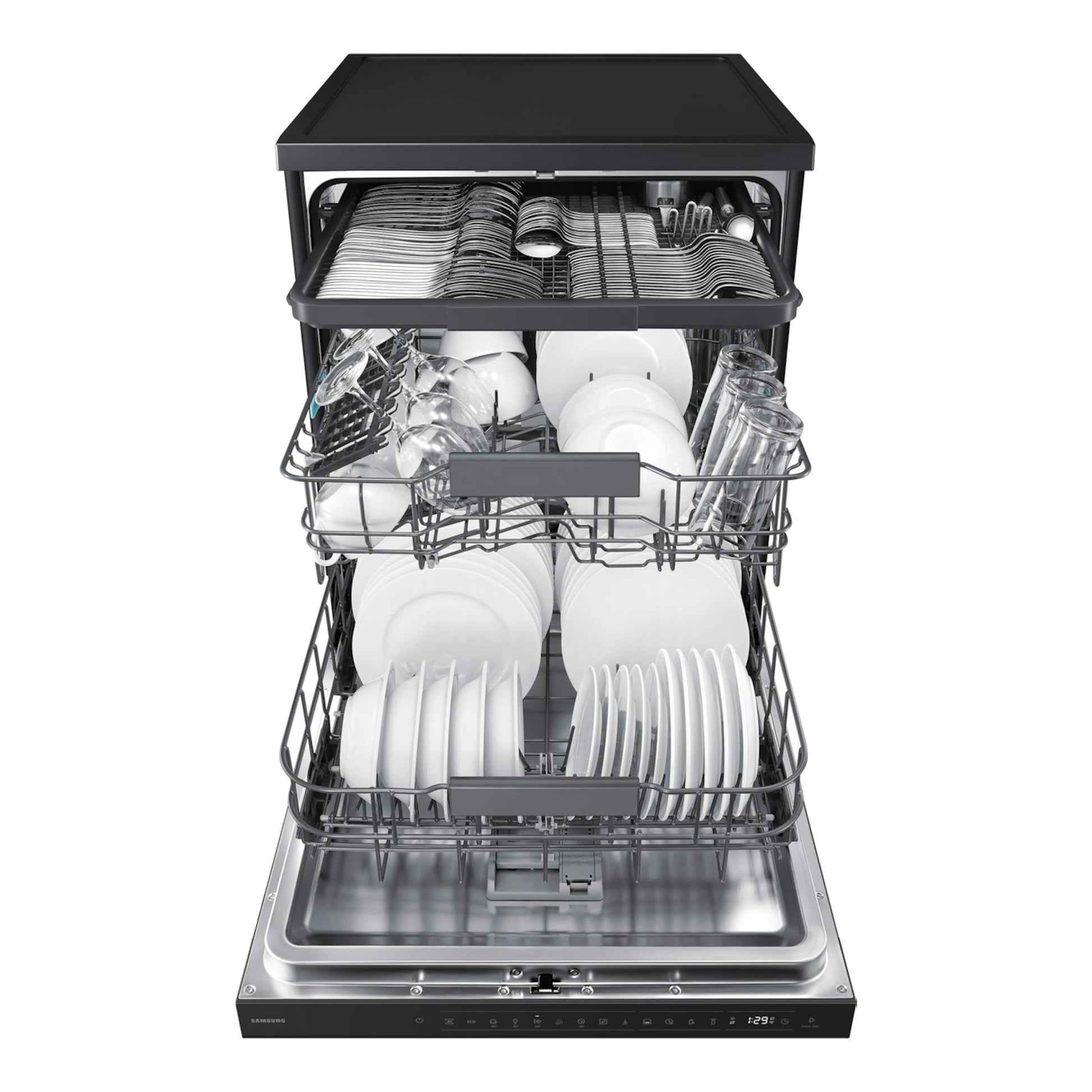 Lavavajillas Samsung DW80H73YBFFU1 negro, abierto en vista frontal, con tres cestas cargadas de platos y vasos.
