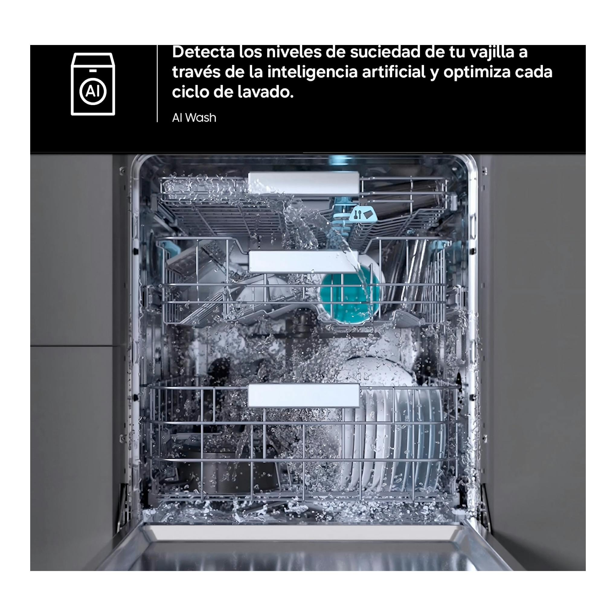 Lavavajillas Samsung DW80H73YBFZU1, vista frontal abierta, interior en acero inoxidable con agua.