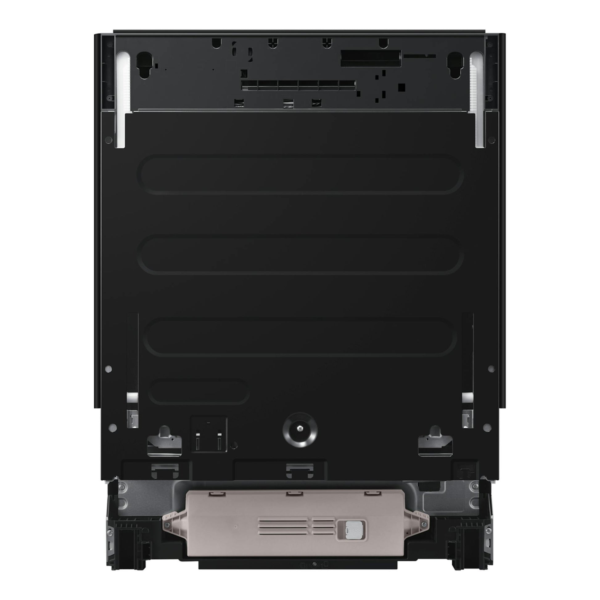 Vista trasera del lavavajillas Samsung DW80H77JAI0U1, panel negro con base gris.