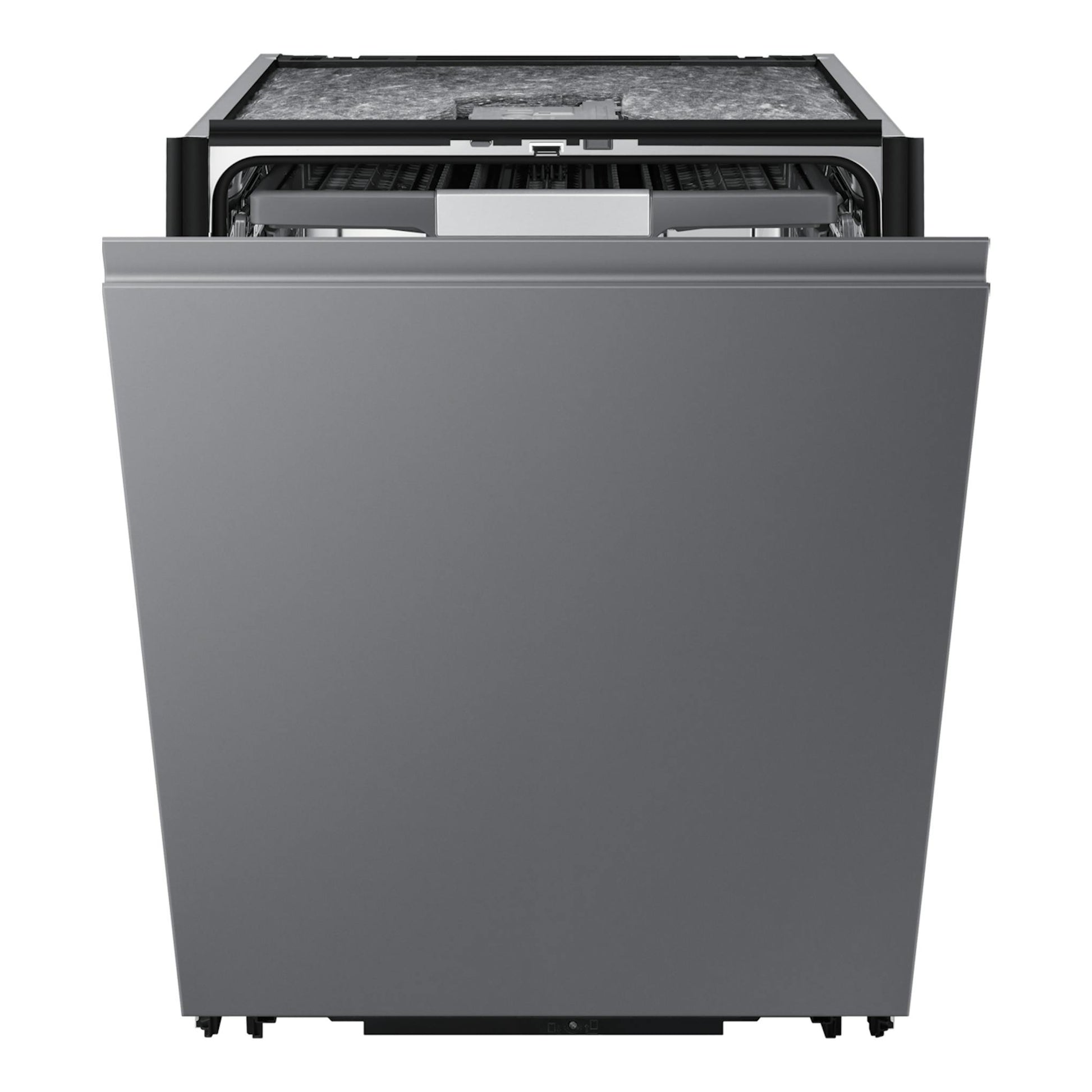 Lavavajillas integrable Samsung DW80H77JAI0U1 en gris, vista frontal con la puerta abierta parcialmente.