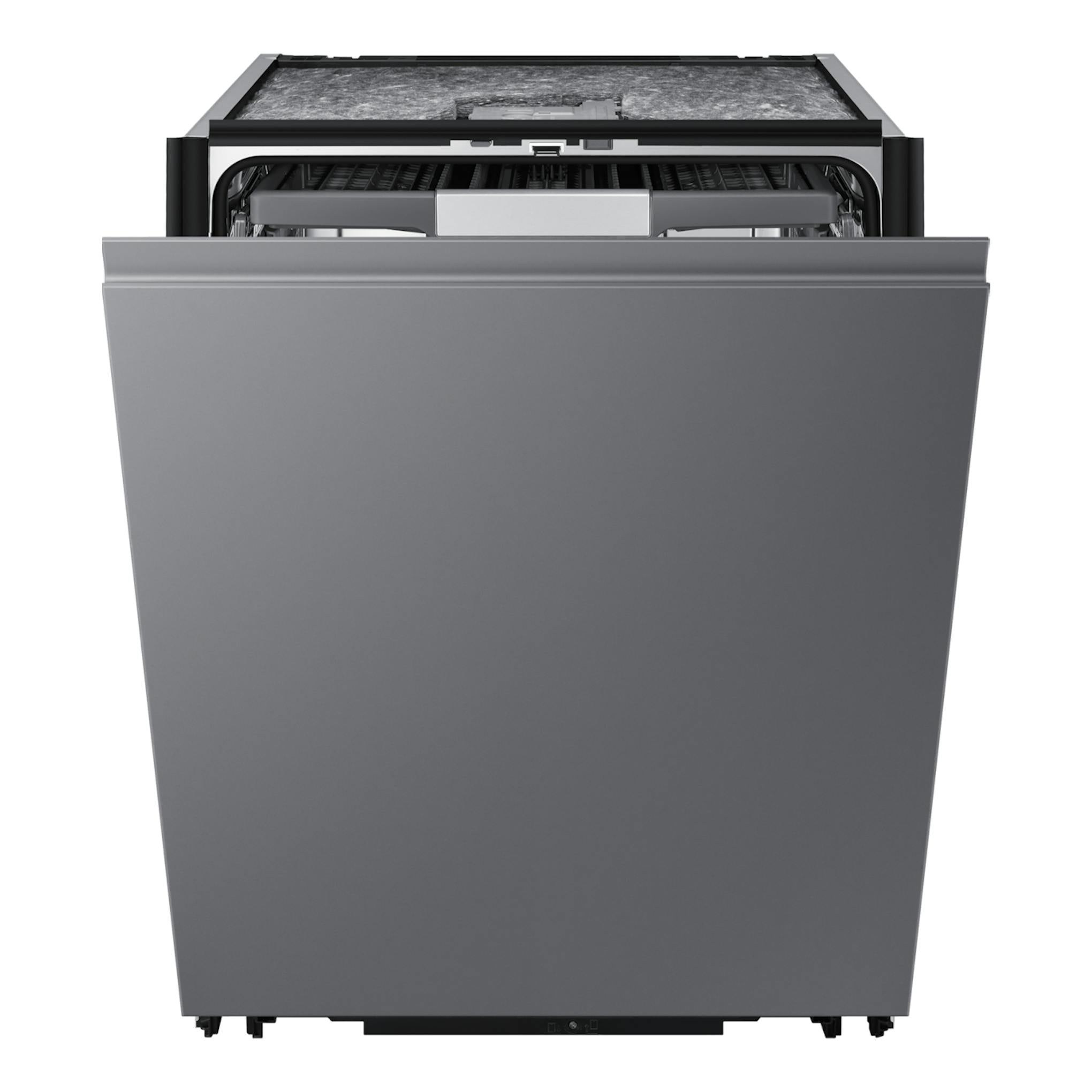 Lavavajillas integrable Samsung DW80H77JAI0U1 en gris, vista frontal con la puerta abierta parcialmente.