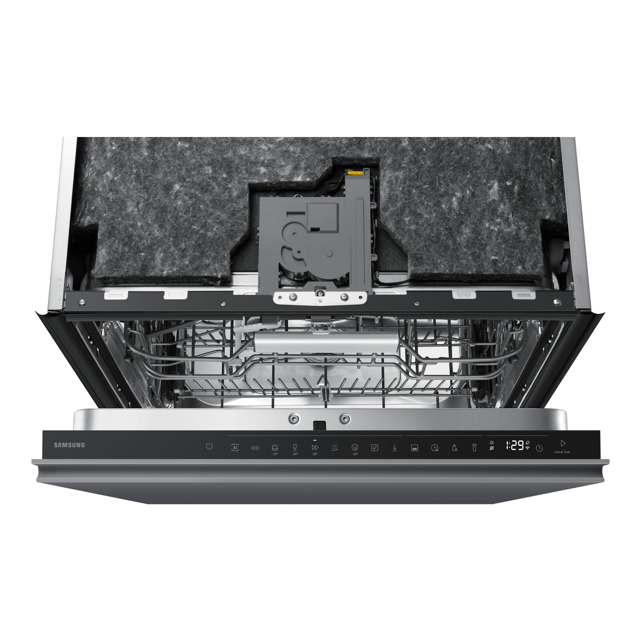Lavavajillas integrable Samsung DW80H77JAI0U1, vista frontal con puerta abierta y panel negro visible.